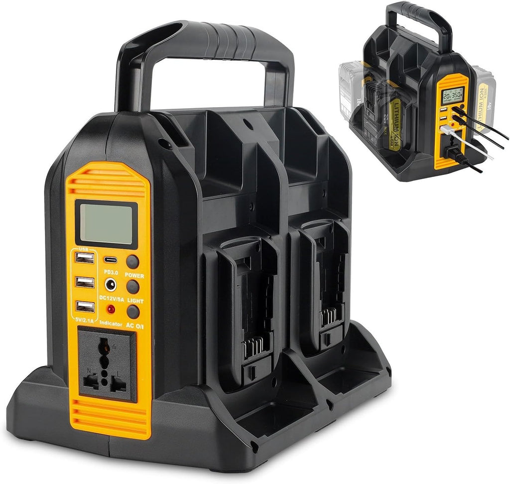 DC 20V to AC 120V Power Inverter Compatible with Dewalt 20V Max Battery, 350W Pure Sine Wave Portable Power Inverter Converter with LCD Display and LED Light, 4 Battery Port