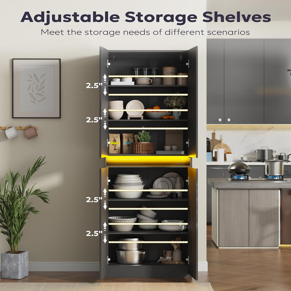 Furnify 71' Tall Pantry Storage Cabinet, Kitchen Pantry with High Gloss Doors, Modern Buffet Hutch Cabinet with Led Light and Adjustable Shelves for Dining Room, Living Room, Grey