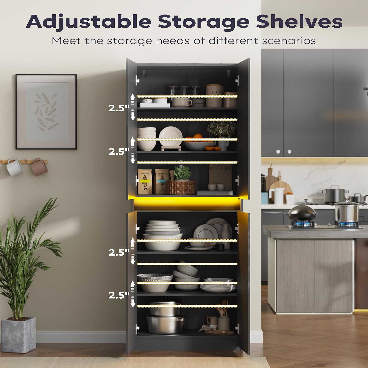 Furnify 71' Tall Pantry Storage Cabinet, Kitchen Pantry with High Gloss Doors, Modern Buffet Hutch Cabinet with Led Light and Adjustable Shelves for Dining Room, Living Room, Grey