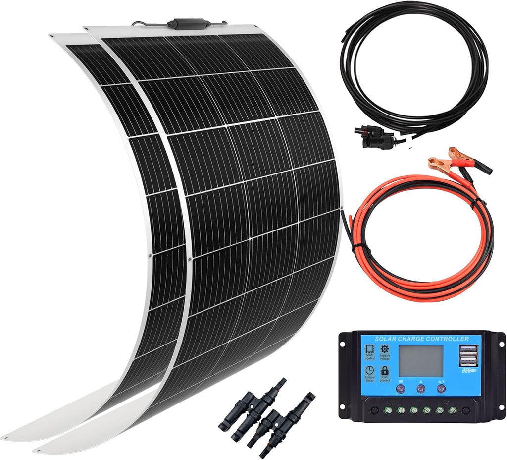 XINPUGUANG Solar Panel 12V 200W System Kit 100W Flexible Solar Panel Monocrystalline Battery Charger with Extension Cable 20A Charge Controller Power for RV Boat Cabin Car Trailer(200W-1)