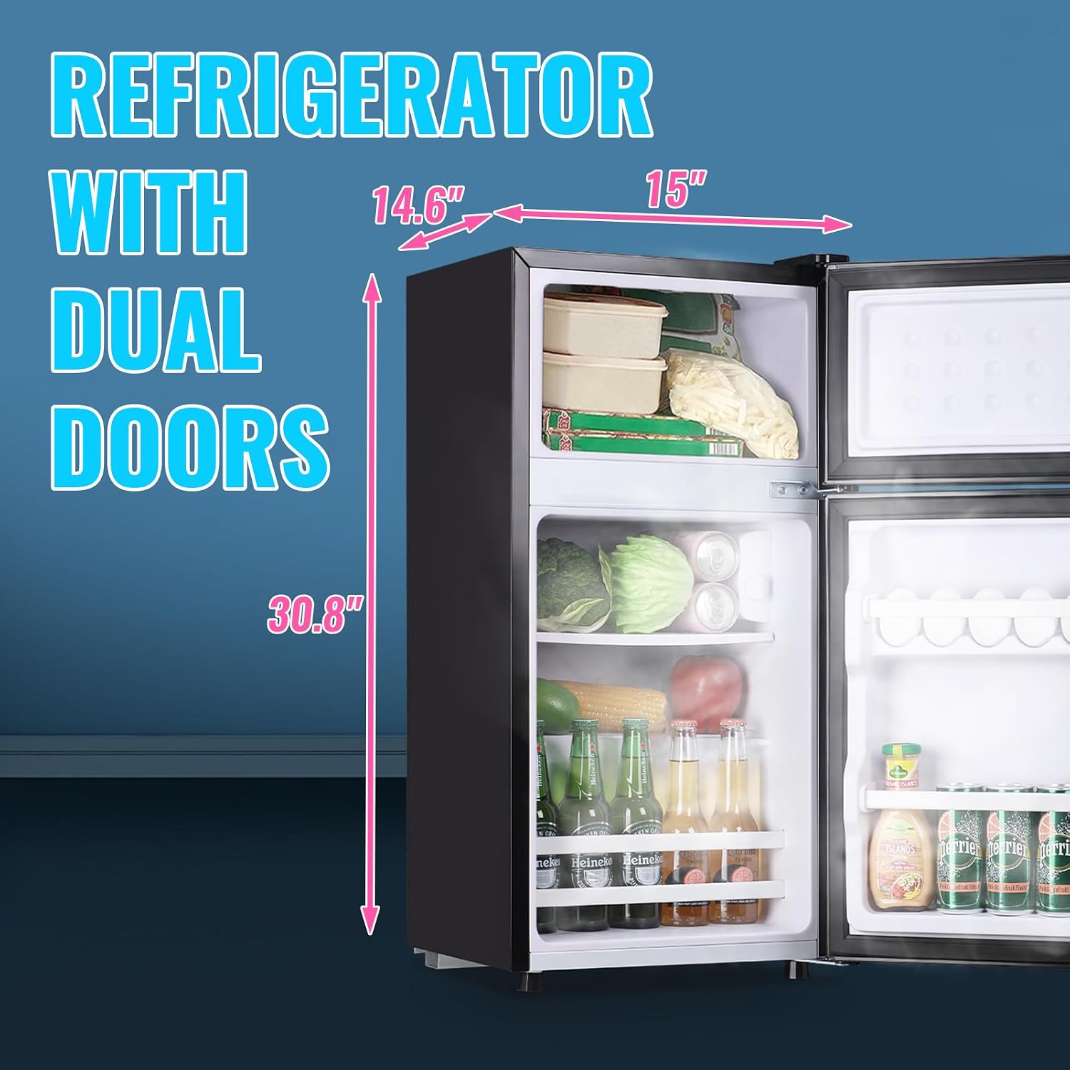 DEMULLER Retro Mini Fridge with Freezer Dual Door Apartment Size Small Refrigerator with Egg Tray, Dorm Mini Fridge with Removable Plastic Shelves, 2.4Cu.ft, 14.96' D x 14.57' W x 30.8' H, Silver