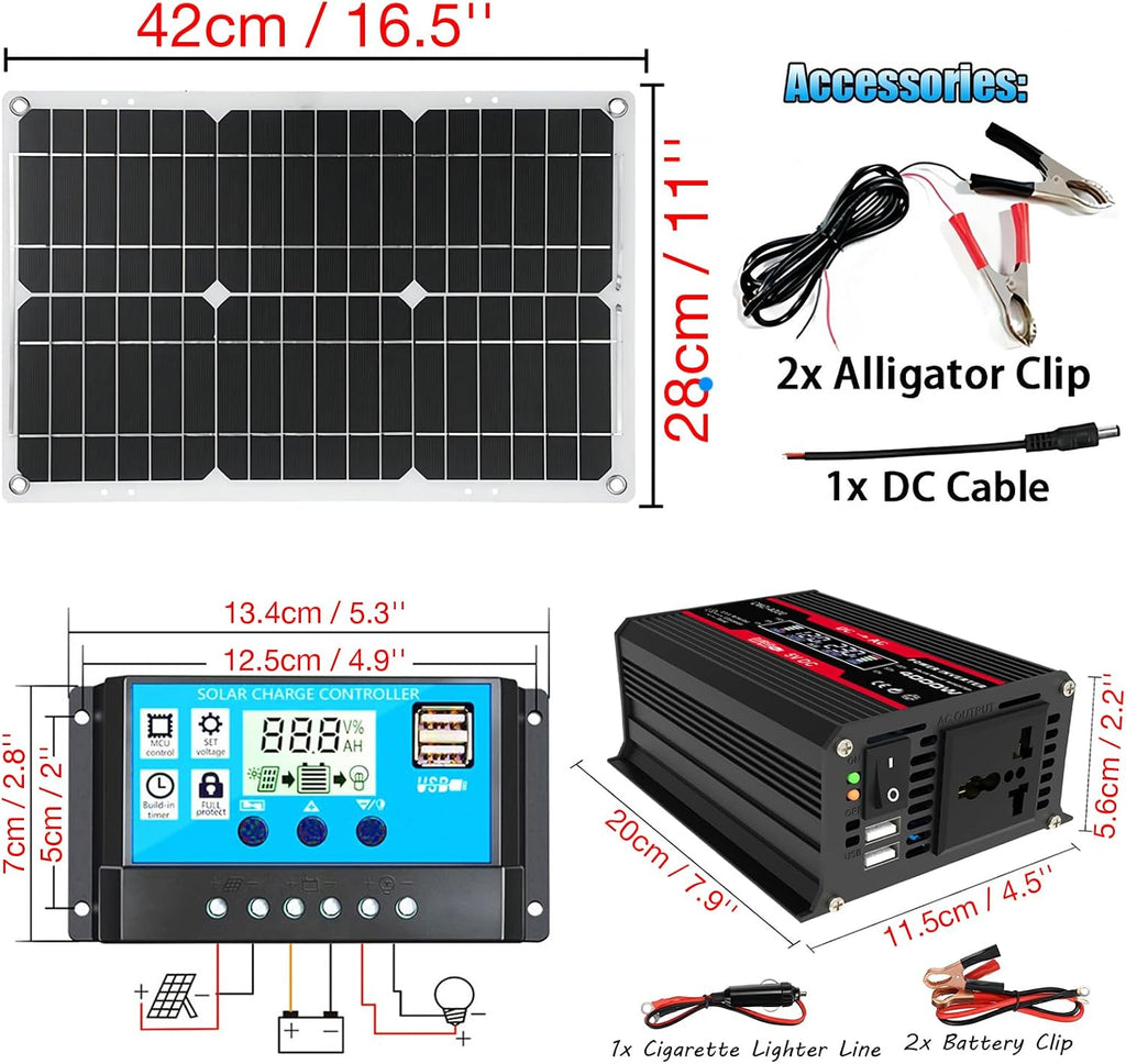 18W 12V Off-Grid Solar Panel Kit with 4000W Inverter & 30A Charge Controller, Portable Solar Generator for RV, Camping, Outdoor Emergency Backup Power(Black)