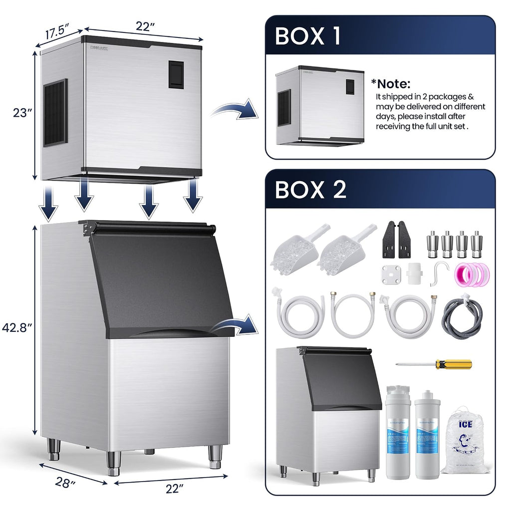 Coolake Commercial Ice Maker Machine 450lbs with 360lb Large Storage, 22 Inch Full Cube Air Cooled Stainless Steel Freestanding Ice Machine for Restaurant Church Hotel, DOE ETL Listed