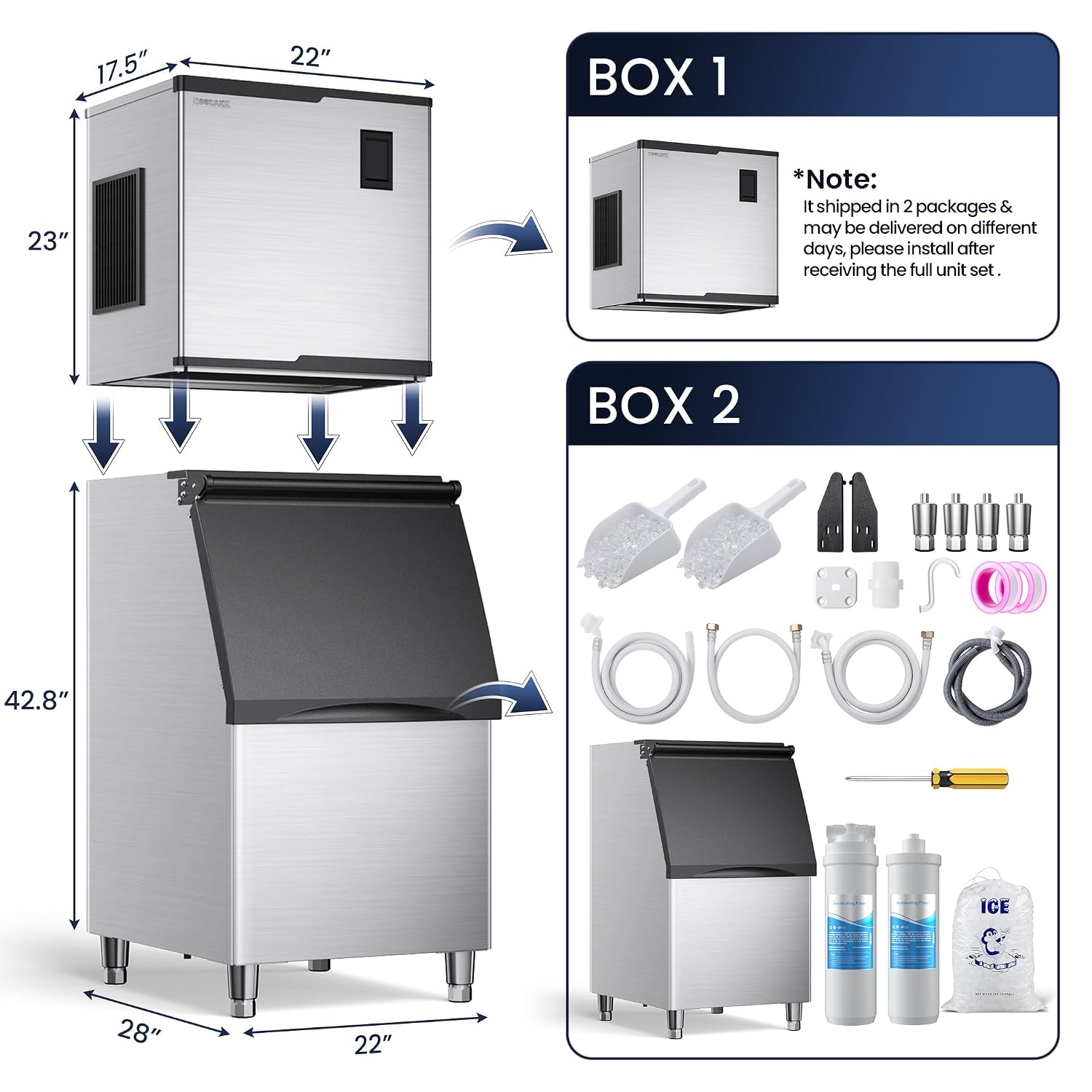 Coolake Commercial Ice Maker Machine 450lbs with 360lb Large Storage, 22 Inch Full Cube Air Cooled Stainless Steel Freestanding Ice Machine for Restaurant Church Hotel, DOE ETL Listed