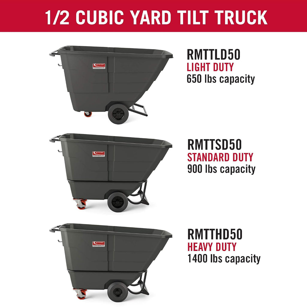 Suncast Commercial Light Duty 1/2 Cubic Yard Roto-Molded Tilt Truck with Integrated Brake, 500-Pound Capacity, 62' L x 34.5' W x 28' H