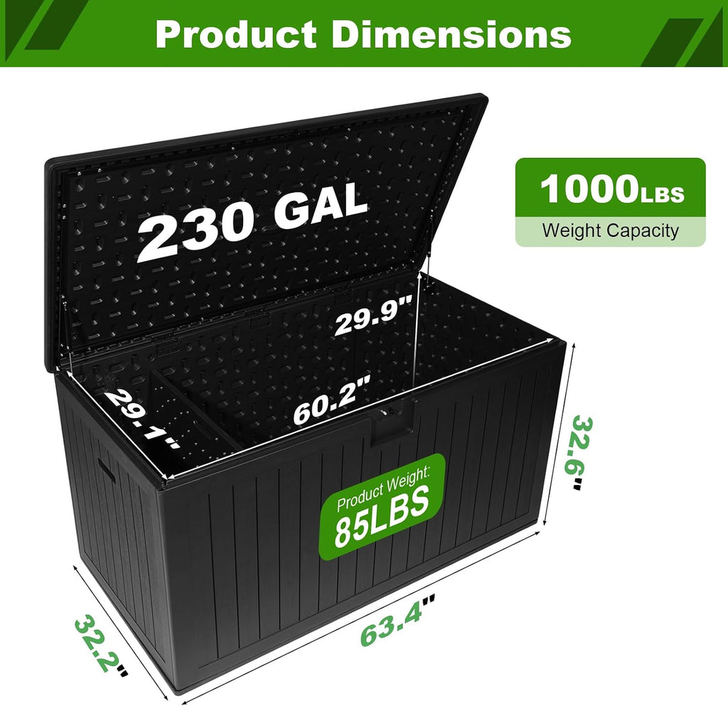230 Gallon Outdoor Storage Box, Waterproof Extra Large Resin Deck Box with Lockable Lid for Patio, Pool Equipment, and Cushions, Black