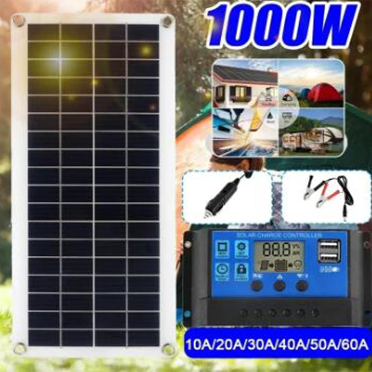 2PC 300W Solar Panel Kit 12V Polycrystalline USB Power Portable Outdoor Rechargeable Solar Cell Solar Generator for Home Phone(with 60A Controller)