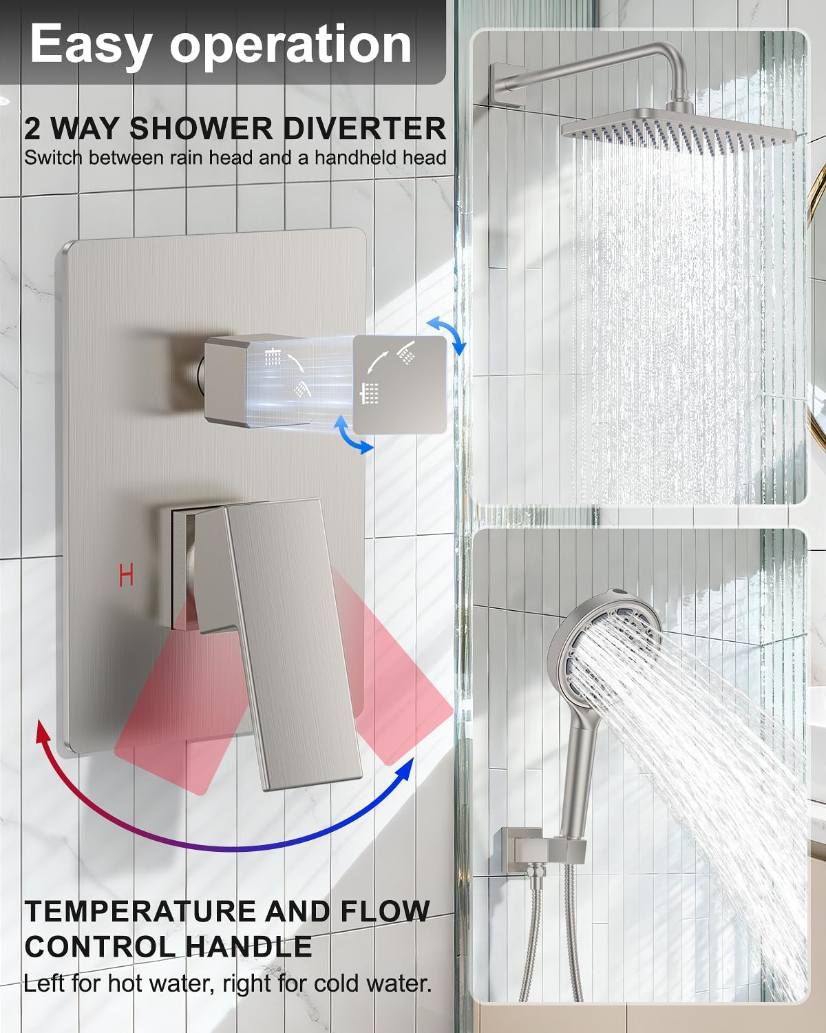 Brushed Nickel 11 Inch Rainfall Shower System – Filtered Handheld Sprayer Shower Head, Complete Bathroom fixtures Set Faucet Mixer Trim & Valve Kit