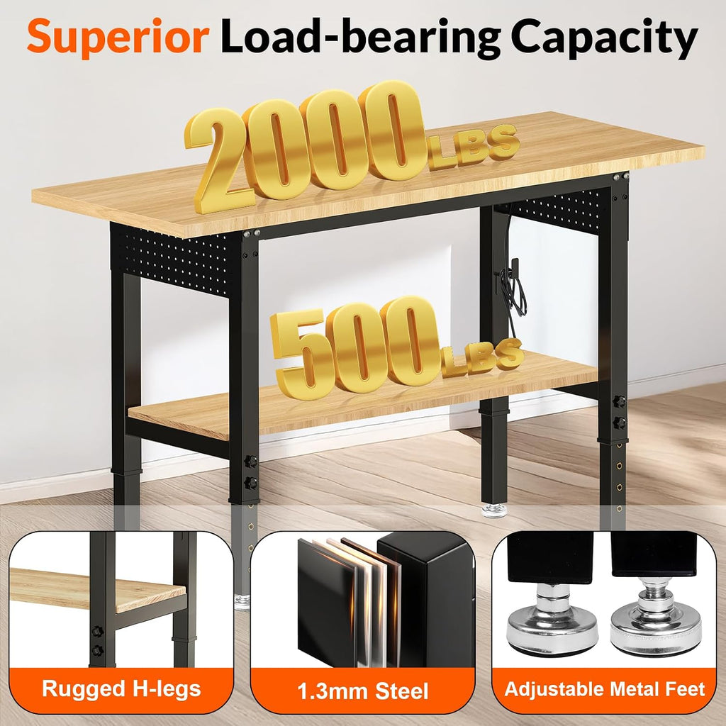 60' Adjustable Height Workbench Work Bench for Garage Work Table with Under Table Shelf Heavy Duty Rubber Wood Top for Shop Woodworking, Office, Home, Commercial