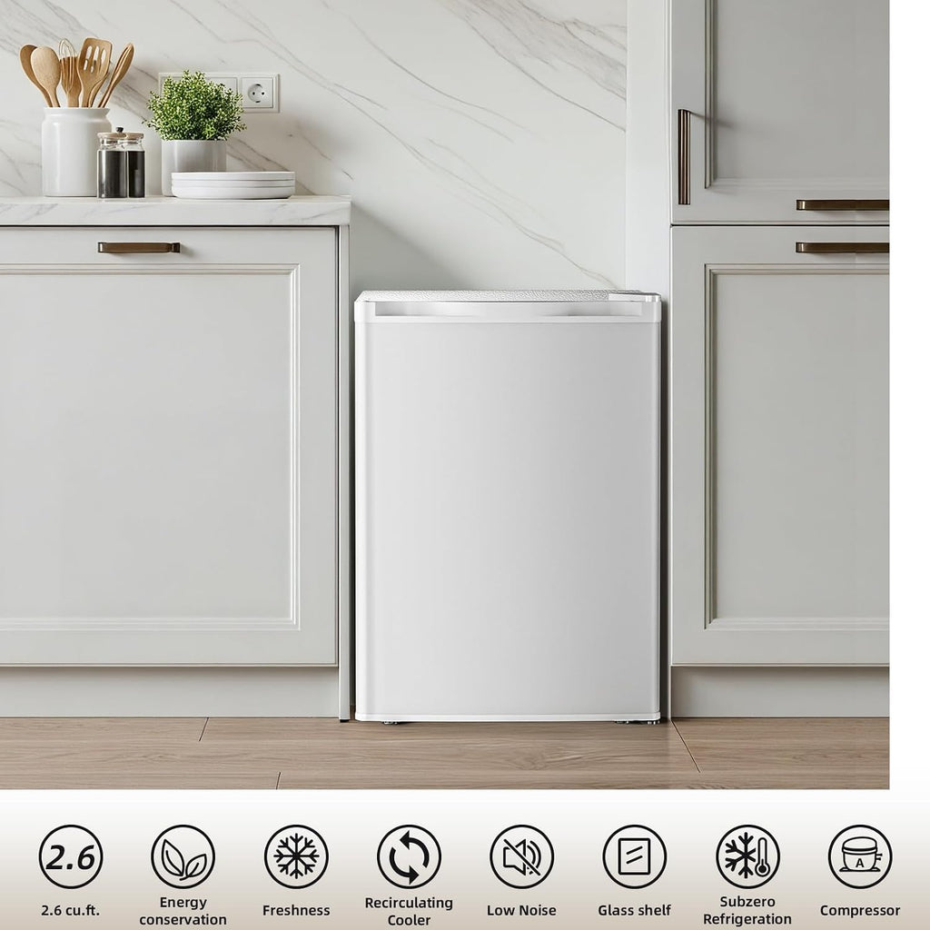 Antarctic Star Compact Refrigerator with Freezer, 2.6 Cu.Ft Mini Fridge with Adjustable Thermostat,Single Door,Removable Glass Shelves for Dorm/Kitchen/Office,WHITE