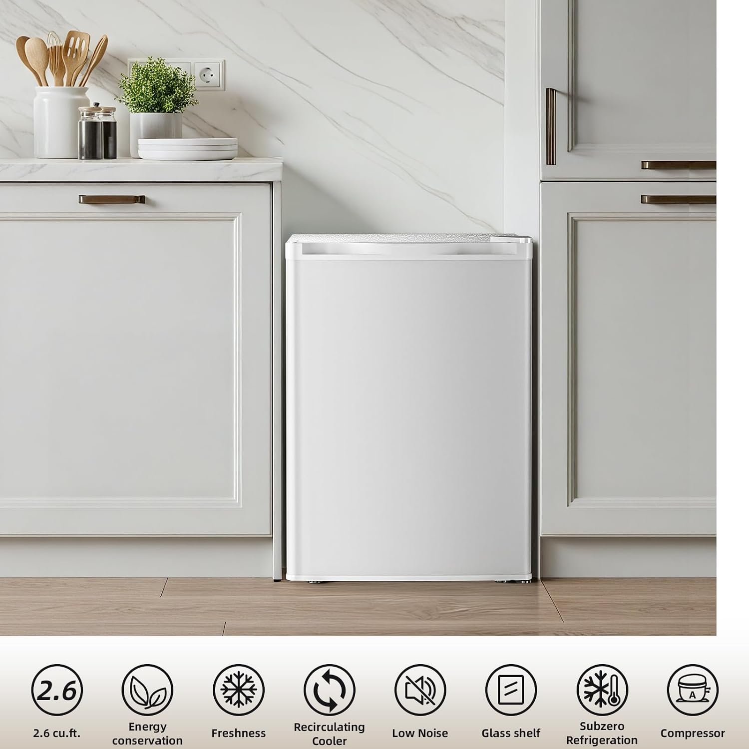 Antarctic Star Compact Refrigerator with Freezer, 2.6 Cu.Ft Mini Fridge with Adjustable Thermostat,Single Door,Removable Glass Shelves for Dorm/Kitchen/Office,WHITE