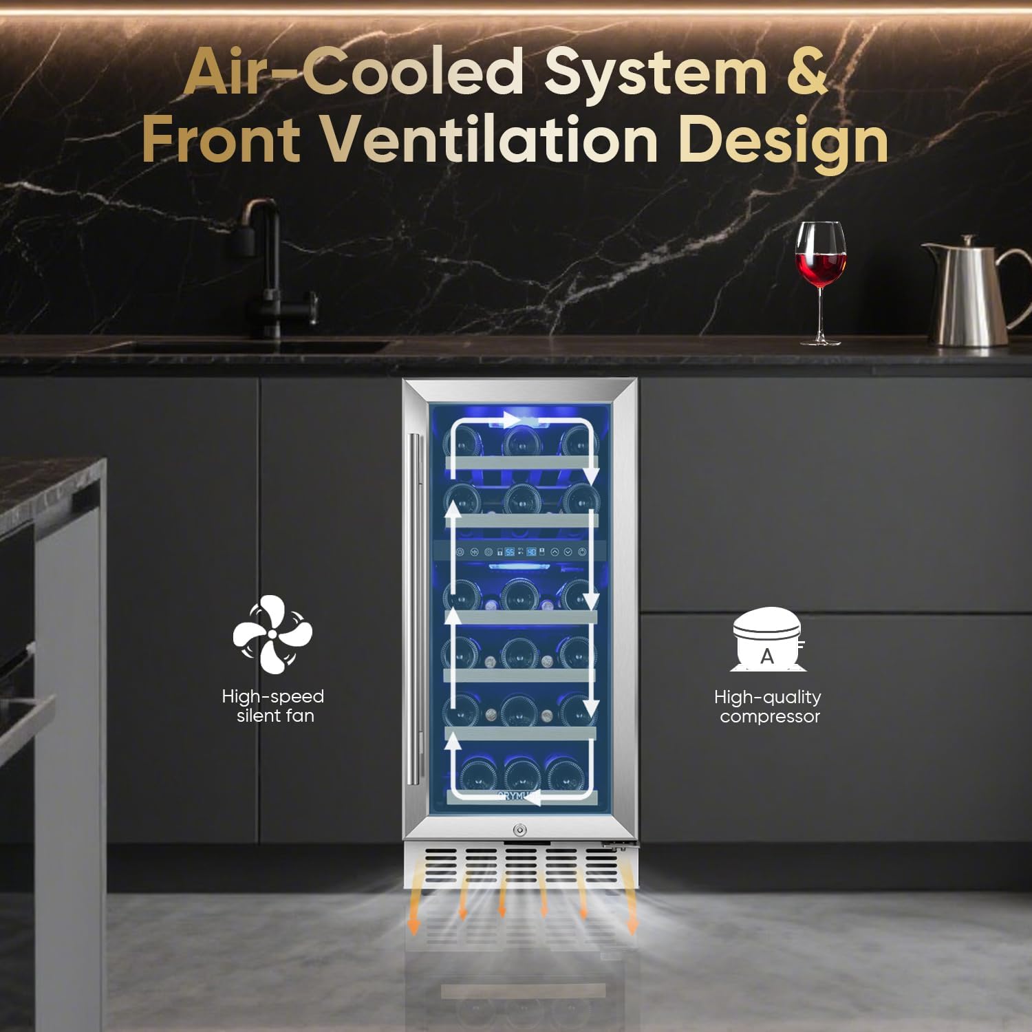 15 Inch Wine Cooler Under Counter, 30 Bottle Dual Zone Wine Fridge with Stainless Steel Glass Door, Built-In or Freestanding Wine Cellar with Digital Temperature Control for Home, Kitchen, or Office