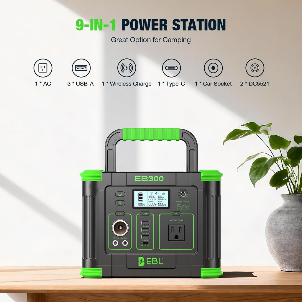 EBL 300W Portable Power Station with 100W Portable Solar Panel, 288.6Wh USB-C PD60W 300W Pure Sine Wave Solar Generator, Foldable Solar Panel for Camping, Emergency Backup