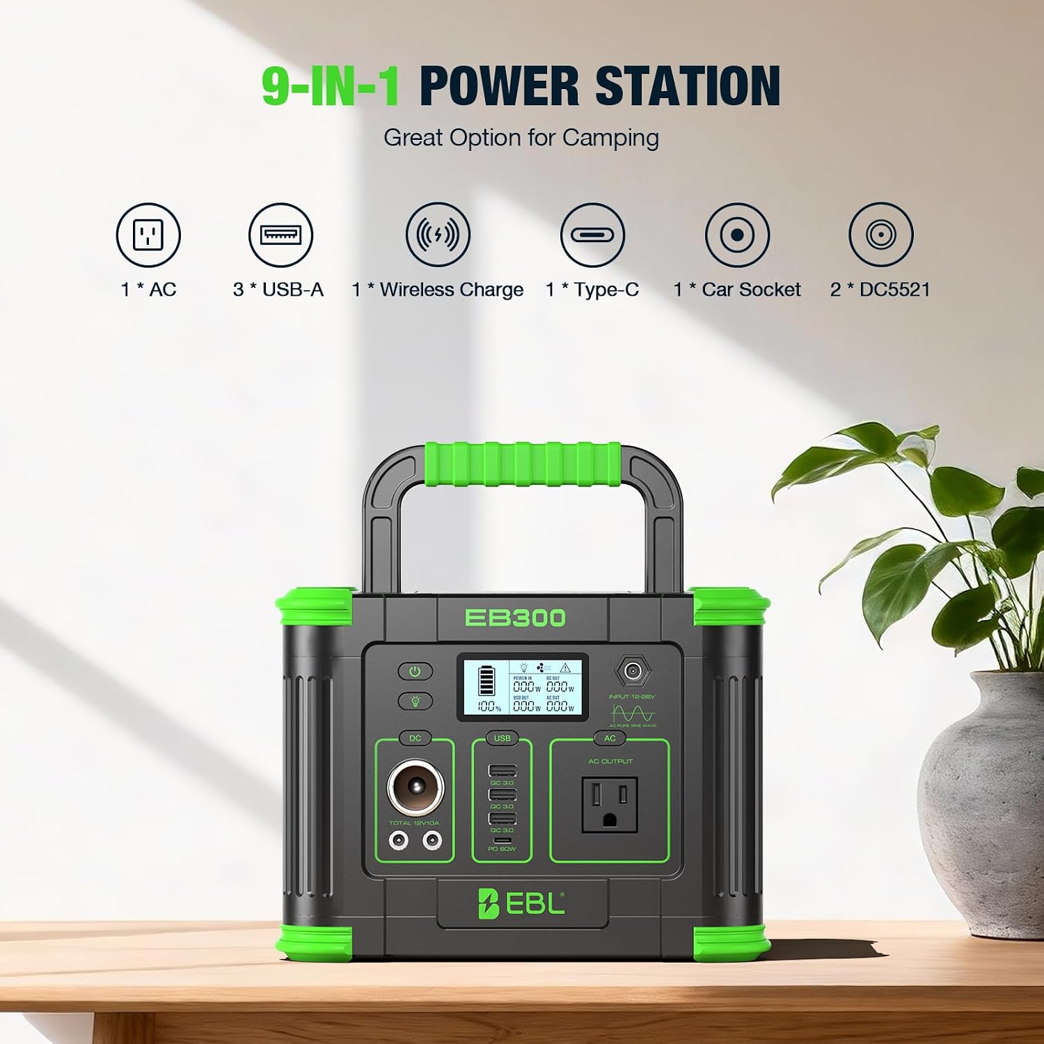 EBL 300W Portable Power Station with 100W Portable Solar Panel, 288.6Wh USB-C PD60W 300W Pure Sine Wave Solar Generator, Foldable Solar Panel for Camping, Emergency Backup