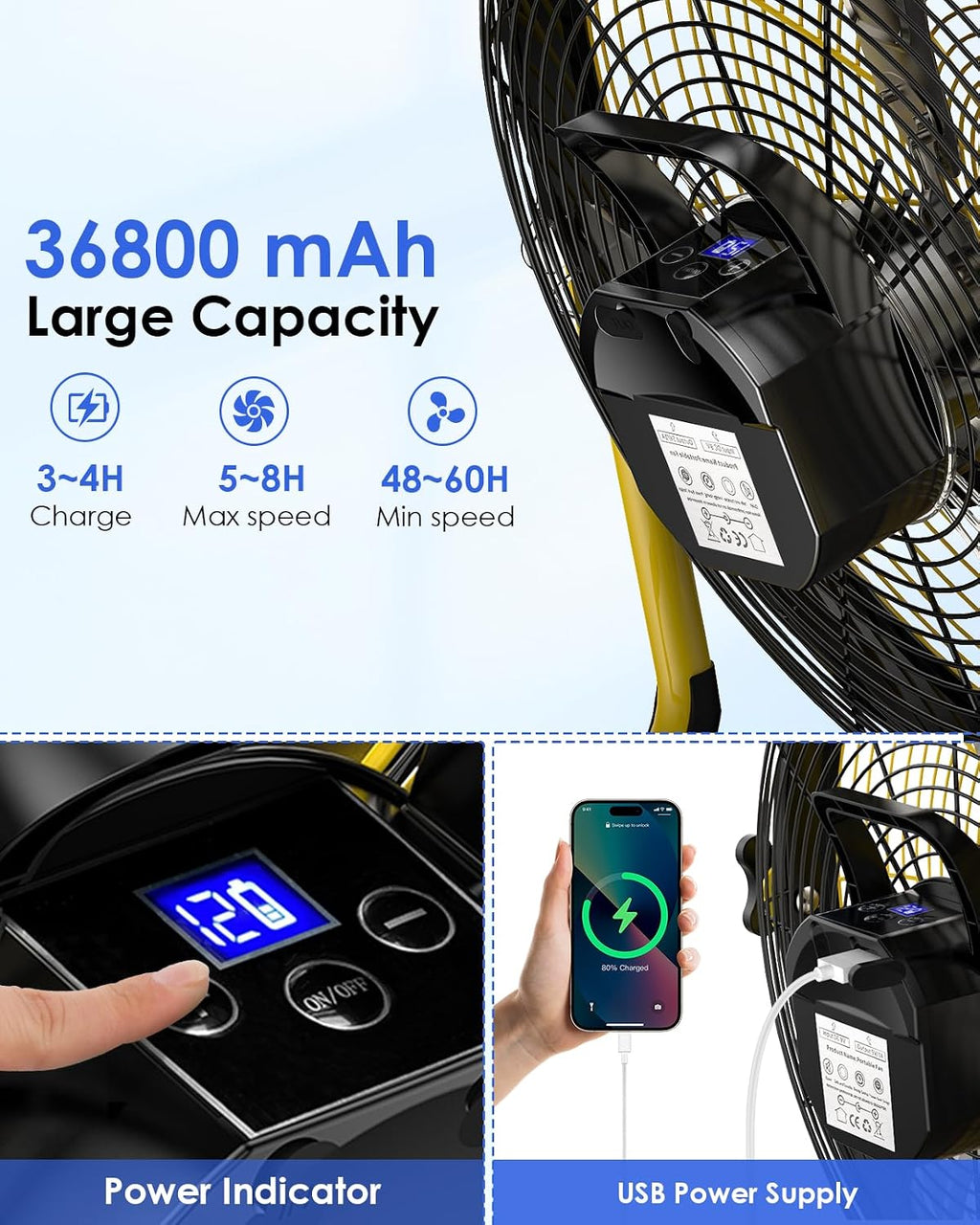 18'' Portable Solar Powered Floor Fan, Cordless Camping Fan Outdoor, Long Lasting Rechargeable Battery Operated Fan, 360° Tilt, USB Output, Wireless, for Home Gazebo Greenhouse Outside Gym