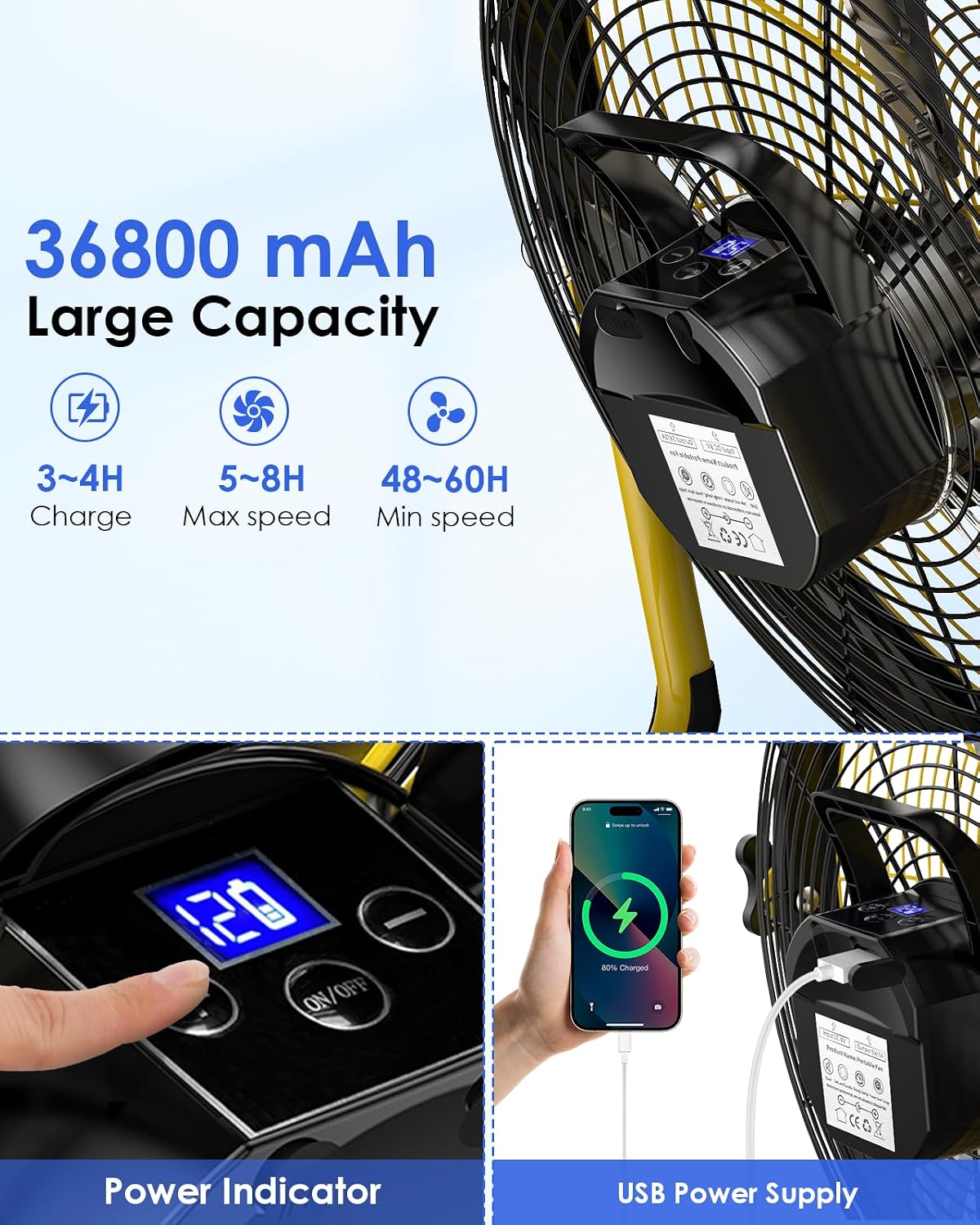 18'' Portable Solar Powered Floor Fan, Cordless Camping Fan Outdoor, Long Lasting Rechargeable Battery Operated Fan, 360° Tilt, USB Output, Wireless, for Home Gazebo Greenhouse Outside Gym