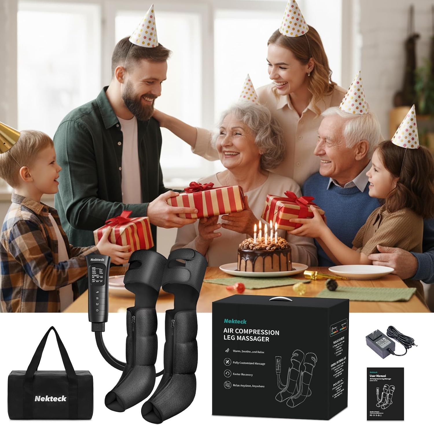 Nekteck Leg Compression Massager with Heat Leg Massager for Circulation and Pain Relief, Air Compression Boot Massage Tool with 2 Heats 6 Modes, Relaxation Gifts for Men Women Dad Father's Day