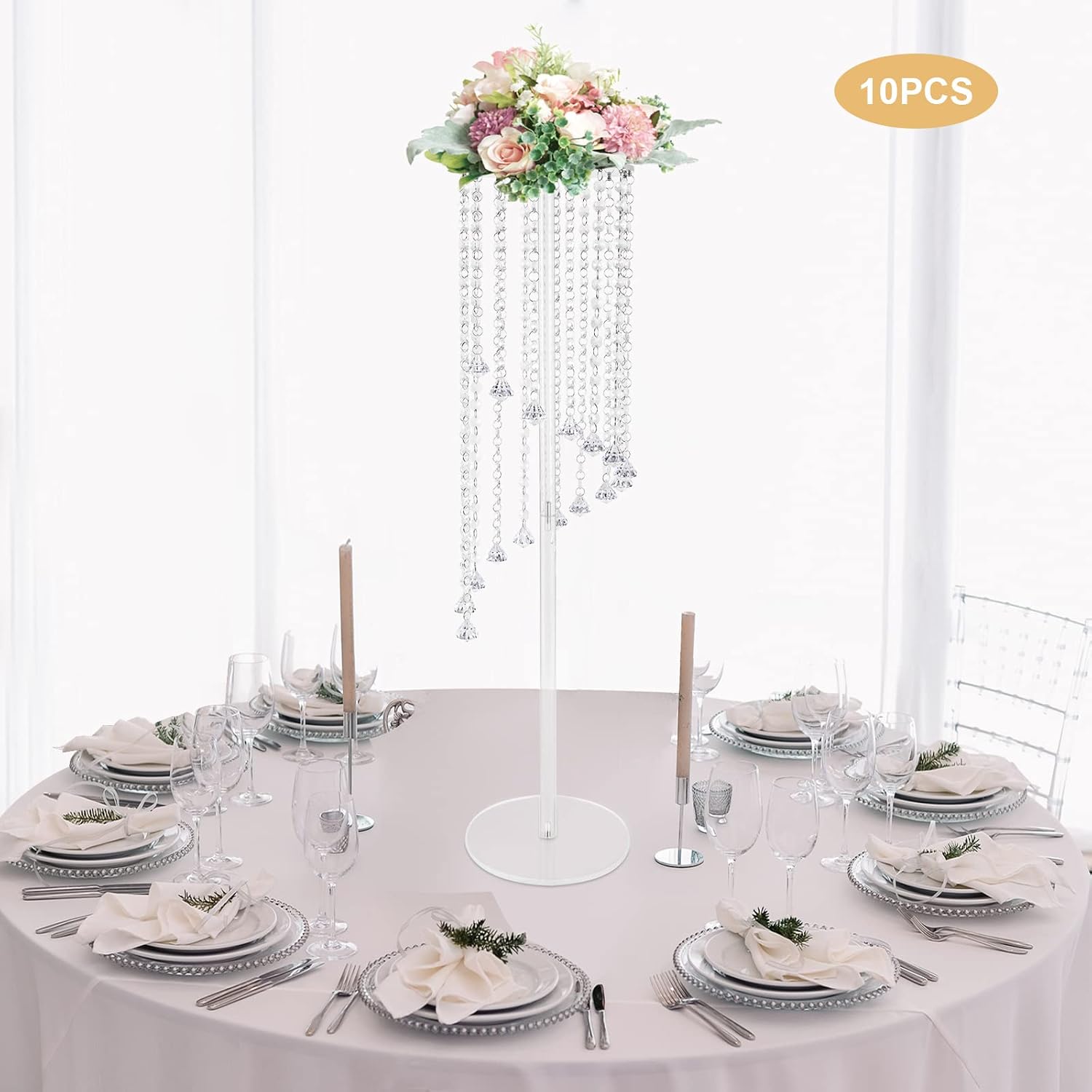 10Pcs Luxurious Acrylic Crysta Flower Stand, Wedding Centerpieces on Floor, Tall Flowers Arrangement Stands, Tabletop Vase, for Wedding Party, Dinner Event, Hotel/Home Decor