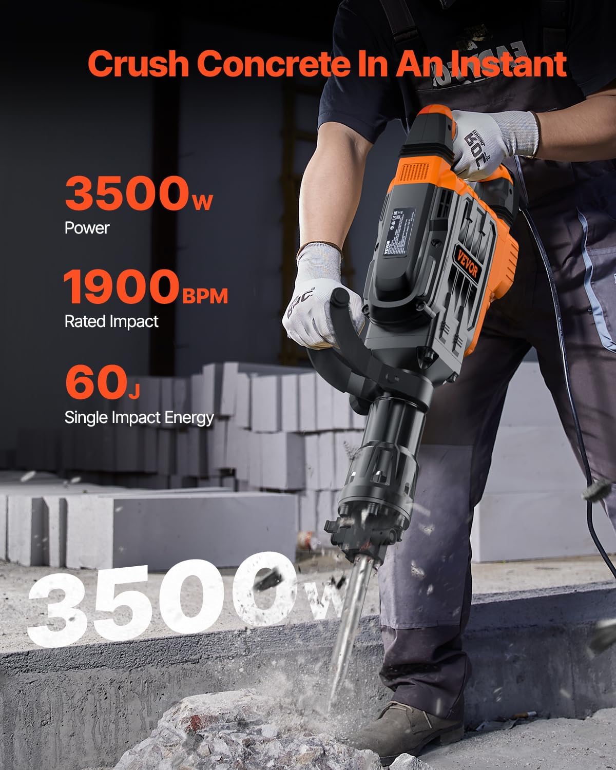 VEVOR 3500W Electric Demolition Hammer, 1900 BPM Durable Jack Hammer, Concrete Breaker with 2 Chisels, Gloves, and a 360° Rotatable Handle for Efficient Trenching, Black