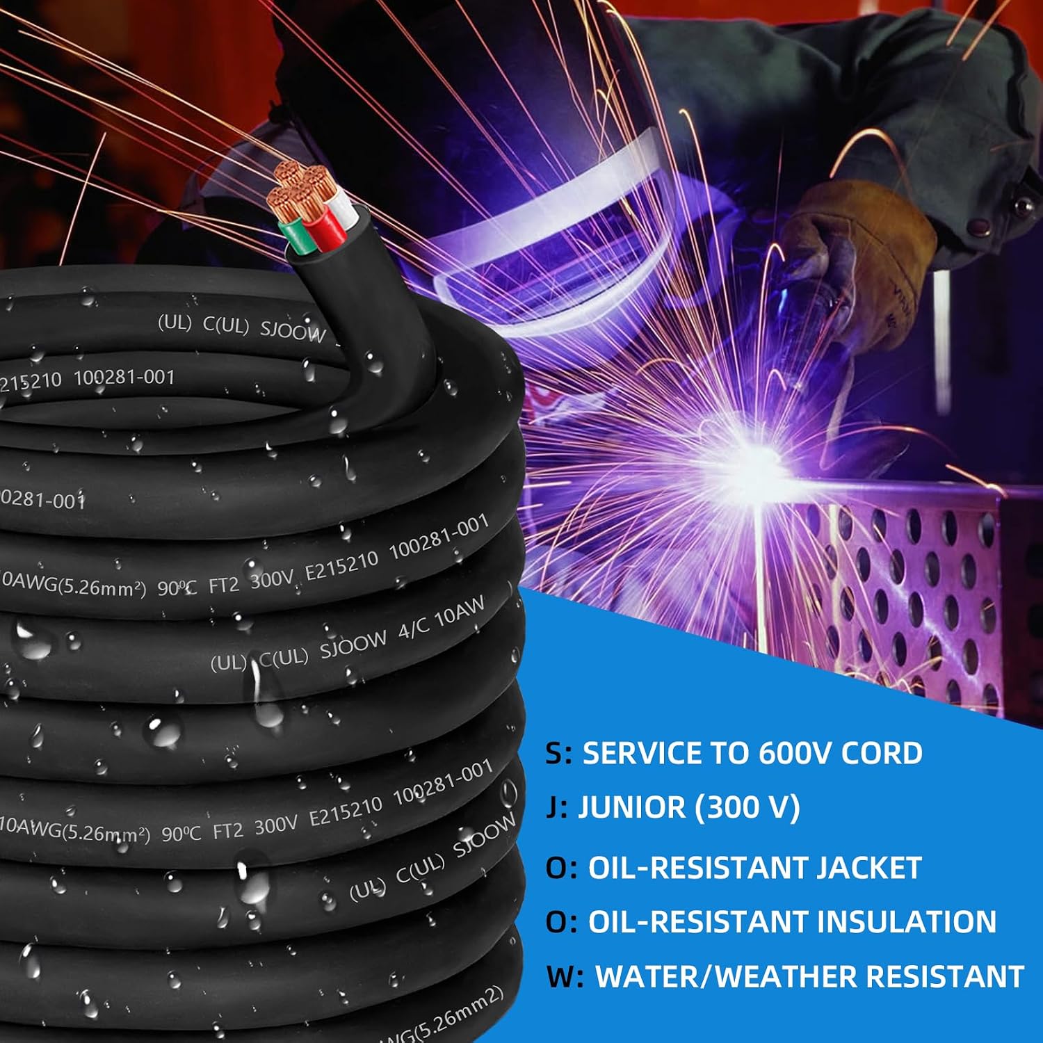10/4 AWG Wire SJOOW Cable 10 Gauge Portable Power Cable 300V 4 Conductor 10/4 10 Gauge SJOOW Power Cord Electric Wire for Motor Lead,Generator,Welder,NEMA 14-30 RV Outlet Box,Car Battery Charger-100ft