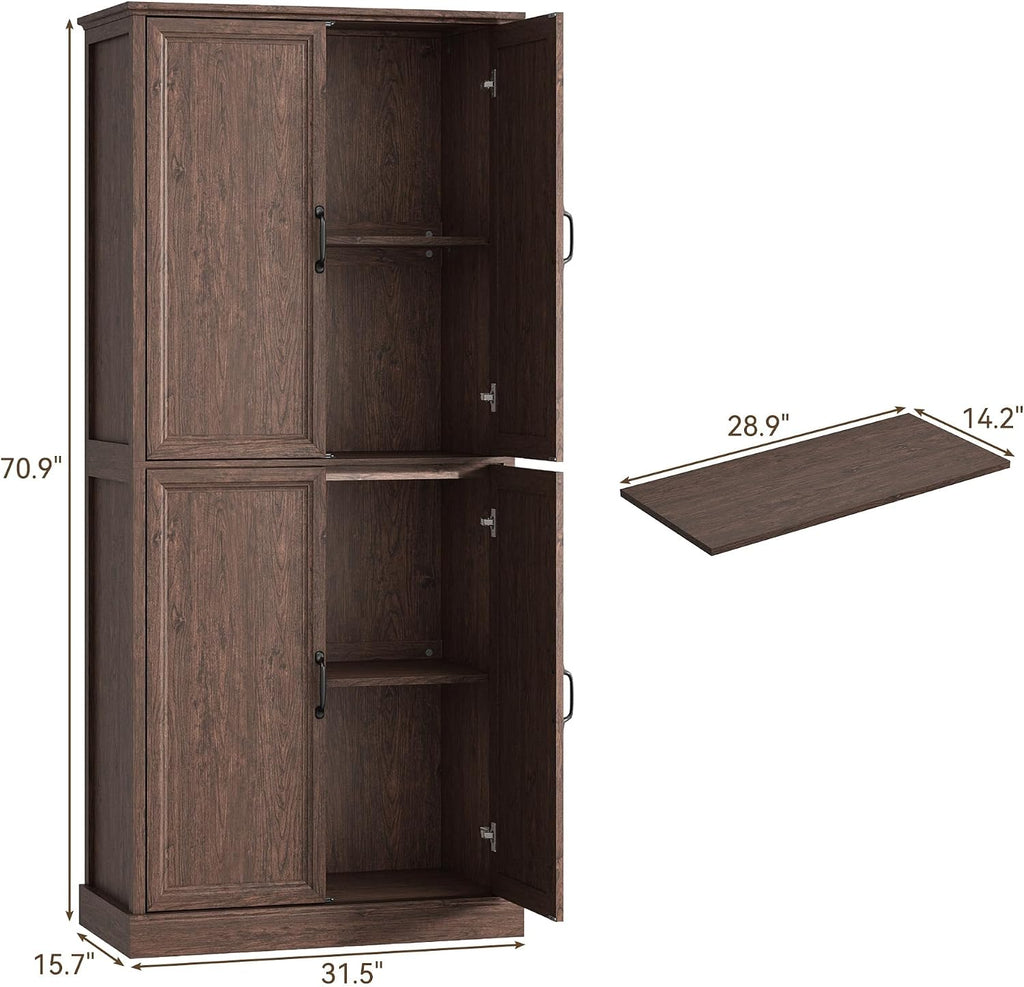 Tradare 71'' Tall Pantry Cabinet, Farmhouse Kitchen Pantry Storage Cabinet with Barn Door and Adjustable Shelves, Rustic Wood Freestanding Cupboard Storage Organizer for Kitchen, Dining Room, Brown