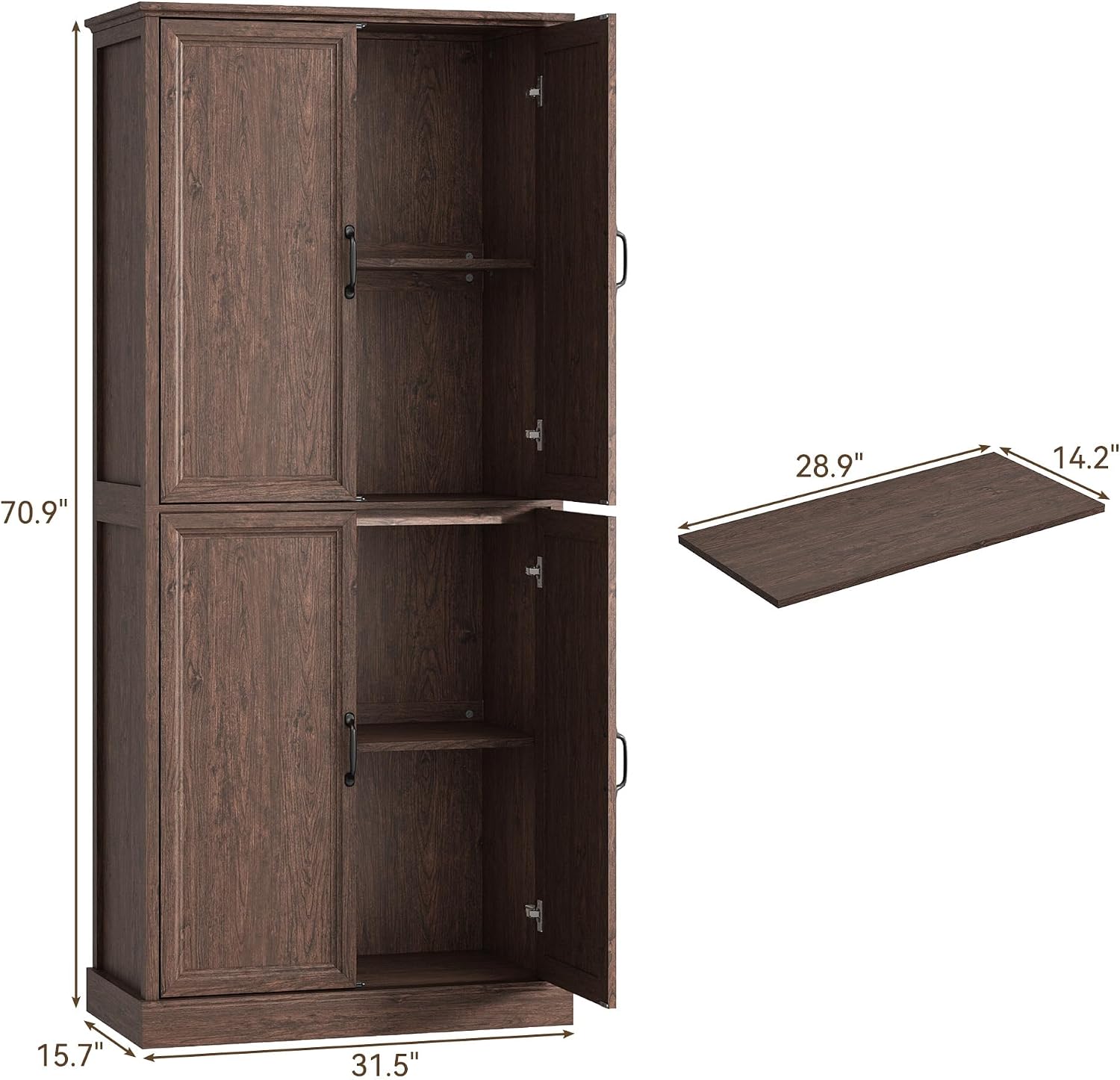 Tradare 71'' Tall Pantry Cabinet, Farmhouse Kitchen Pantry Storage Cabinet with Barn Door and Adjustable Shelves, Rustic Wood Freestanding Cupboard Storage Organizer for Kitchen, Dining Room, Brown