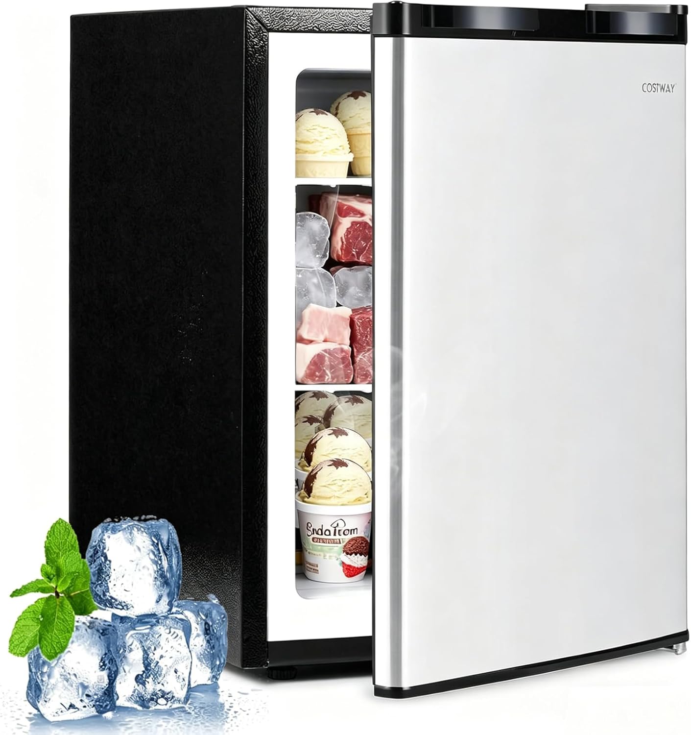 COSTWAY 2.1 Cu.Ft Small Freezer, Compact Upright Mini Freezer w/Reversible Single Door, 7 Adjustable Thermostat, Low Noise, 2 Removable Shelves for Bedroom, Office, Dorm, Apartment (Silver)