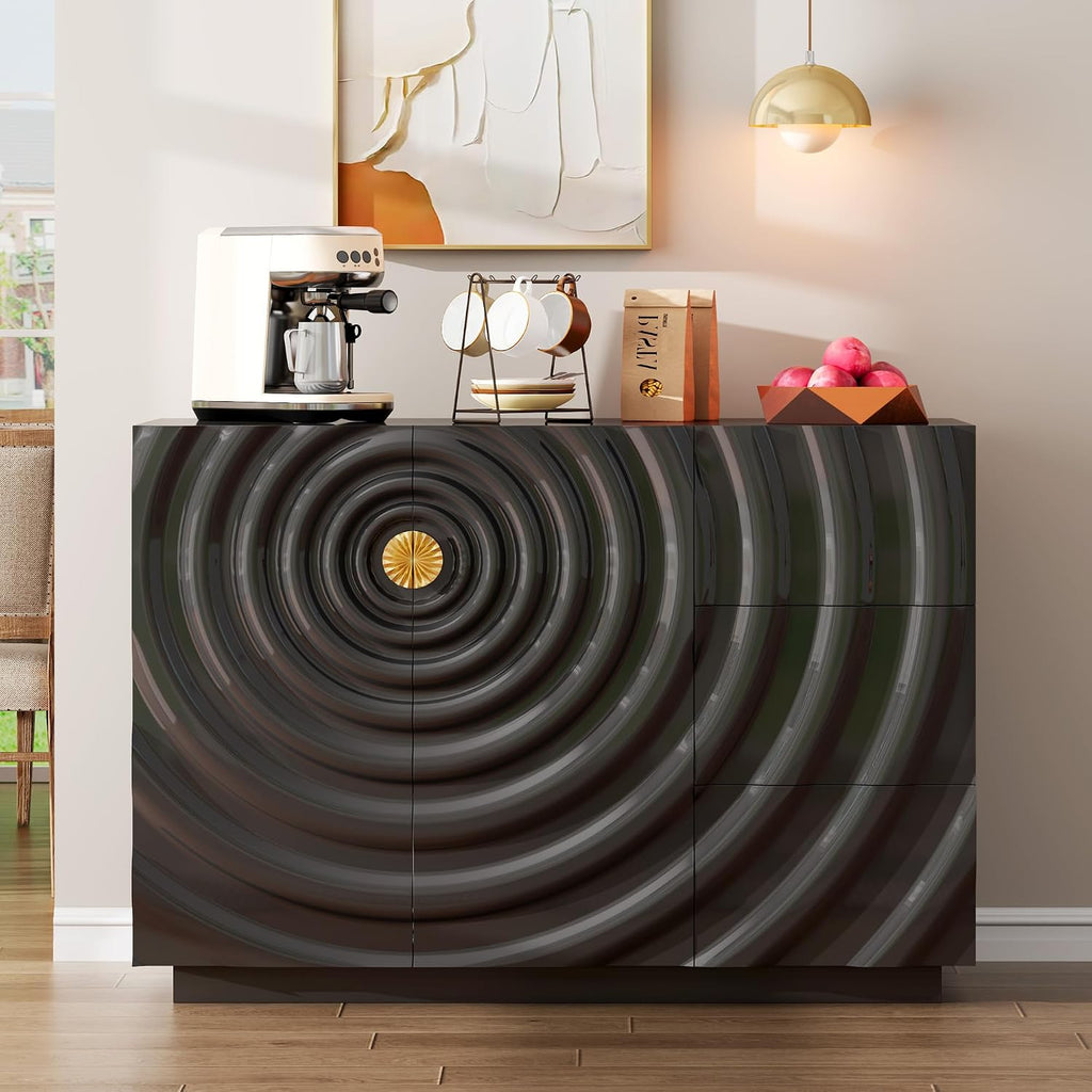 LVSOMT 47.2' Sideboard Buffet Cabinet, Modern Buff Storage Cabinet with Drawers, Adjustable Shelf, Spiral Pattern Accent Credenza, Coffee Bars for Kitchen Entryway (High Gloss Black)
