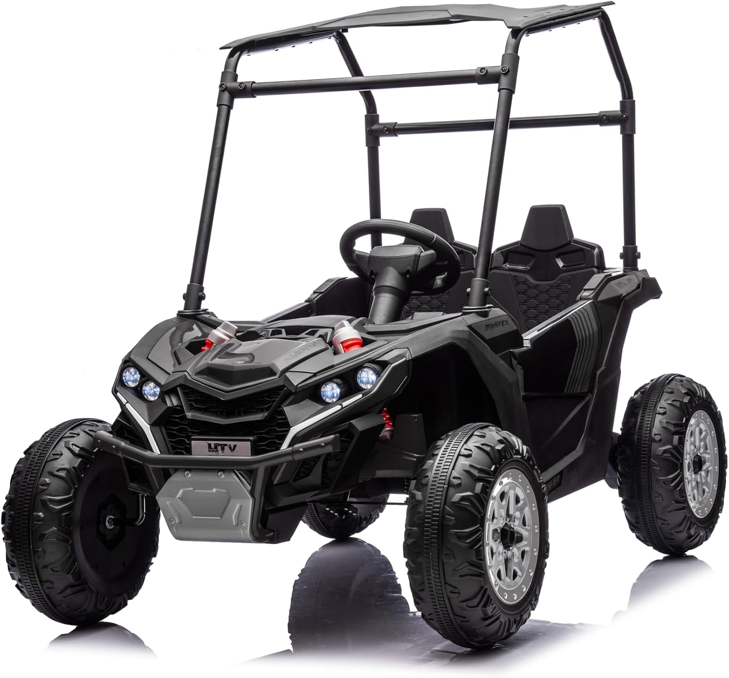 2-Seater Kids Ride On Utv, 24V 4WD Electric Truck with Sun Shade,Remote Control, Adjustable High/Low Speed, Led Lights, 4 Shock Absorbers, One-Button Start, and Music Player,Black