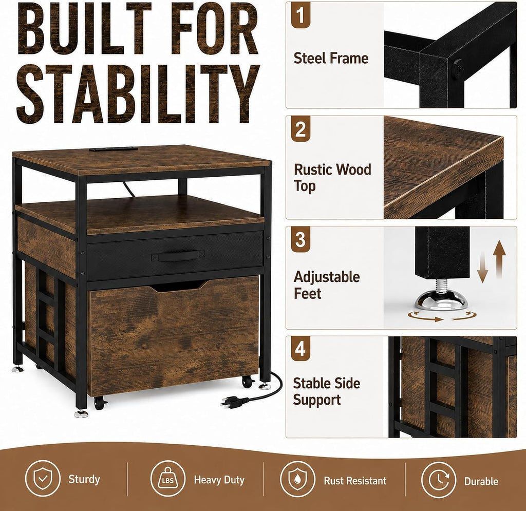 Mini Fridge Stand with Storage Drawer for Dorm Room, 220 lb Heavy Duty Refrigerator Stand with Power Outlet and Pull-Out Basket, Small Fridge Table for Apartment, office, Kitchen, Retro Brown