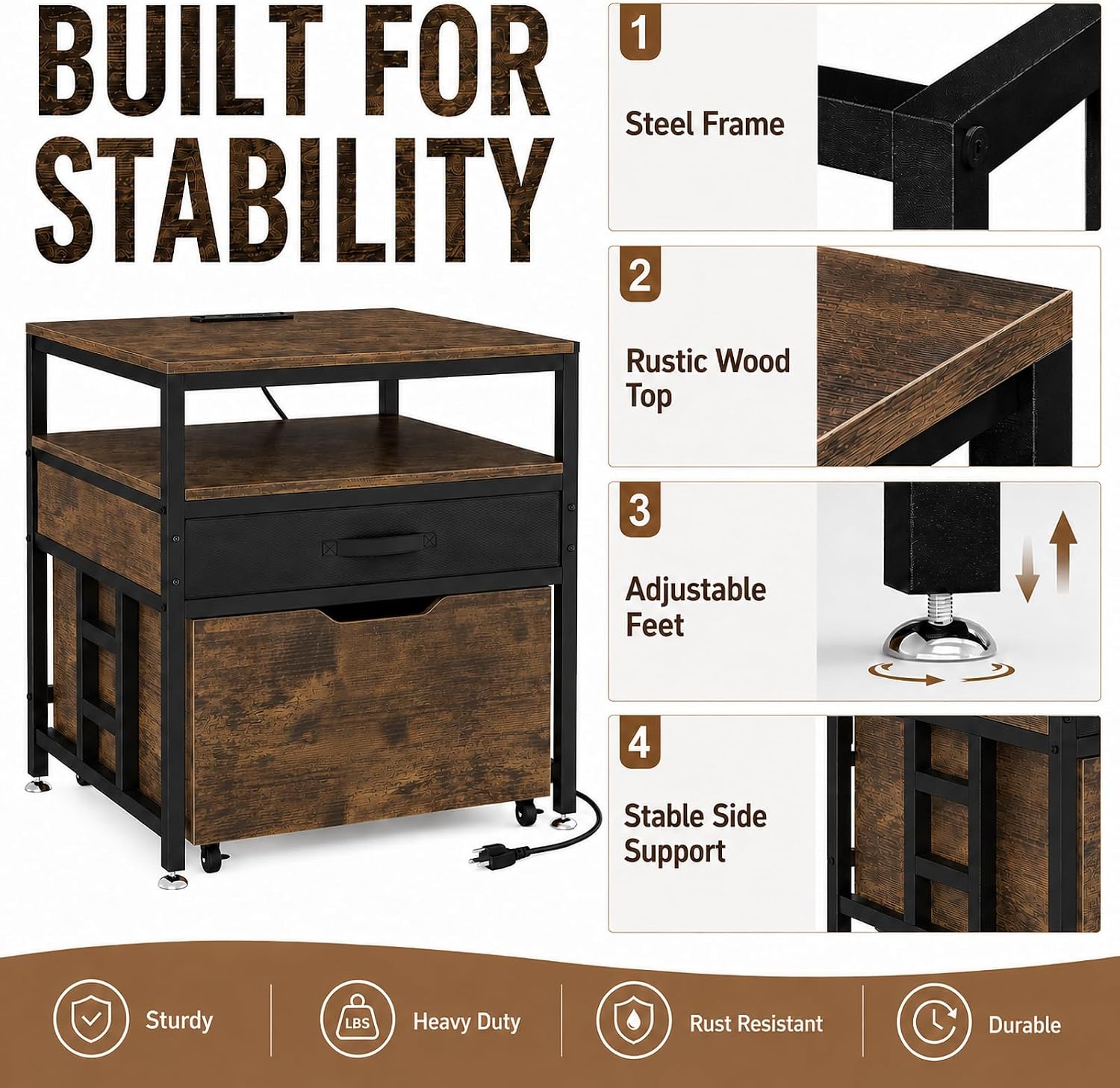 Mini Fridge Stand with Storage Drawer for Dorm Room, 220 lb Heavy Duty Refrigerator Stand with Power Outlet and Pull-Out Basket, Small Fridge Table for Apartment, office, Kitchen, Retro Brown
