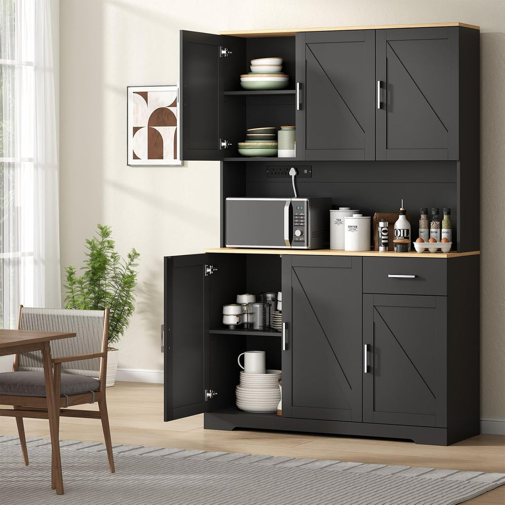 71' Tall Kitchen Pantry Storage Cabinet with Charging Station,Farmhouse Buffet Cabinet with Microwave Shelf,Large Kitchen Hutch Cabinet Doors & Drawer,Food Pantry for Dining Room,Living Room (Black)