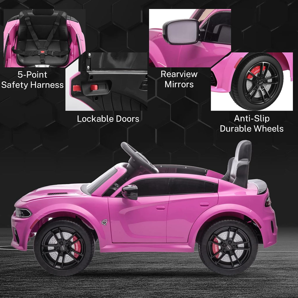 ENYOPRO 12V Dodge Charger SRT Kids Ride On Car w/Parent Remote Control, Electric Power Car Ride On Toy w/4-Wheel Suspension, 3 Speeds, LED Lights, Music Player, Battery Car Gift for Kids Girls, Pink
