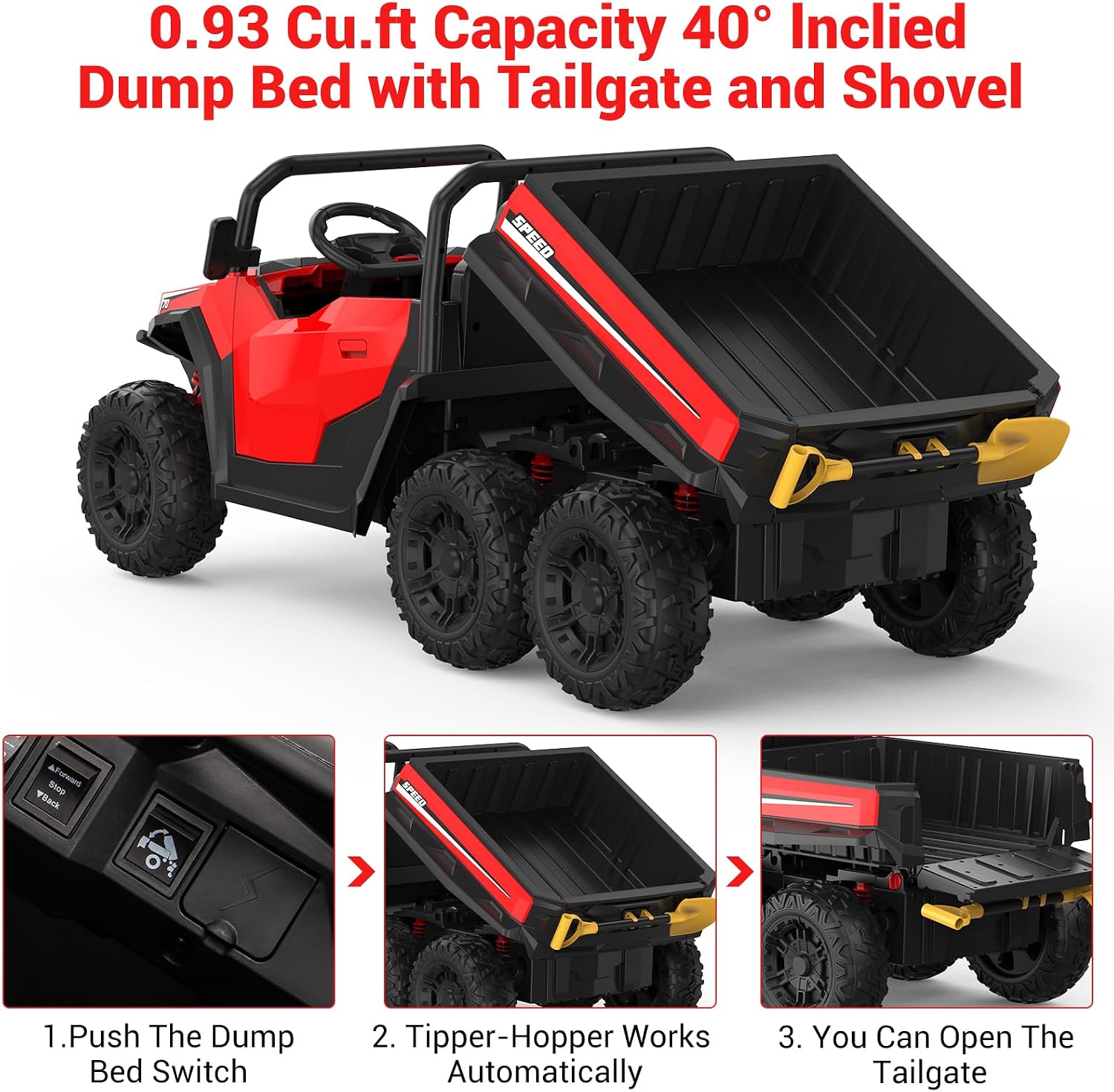Garvee 24V 4WD Electric Ride On Dump Truck with Remote Control | 2-Seater Kids Ride On Car | Music Player & LED Lights | Birthday Gift for Ages 3+ (Key Start Safety System)