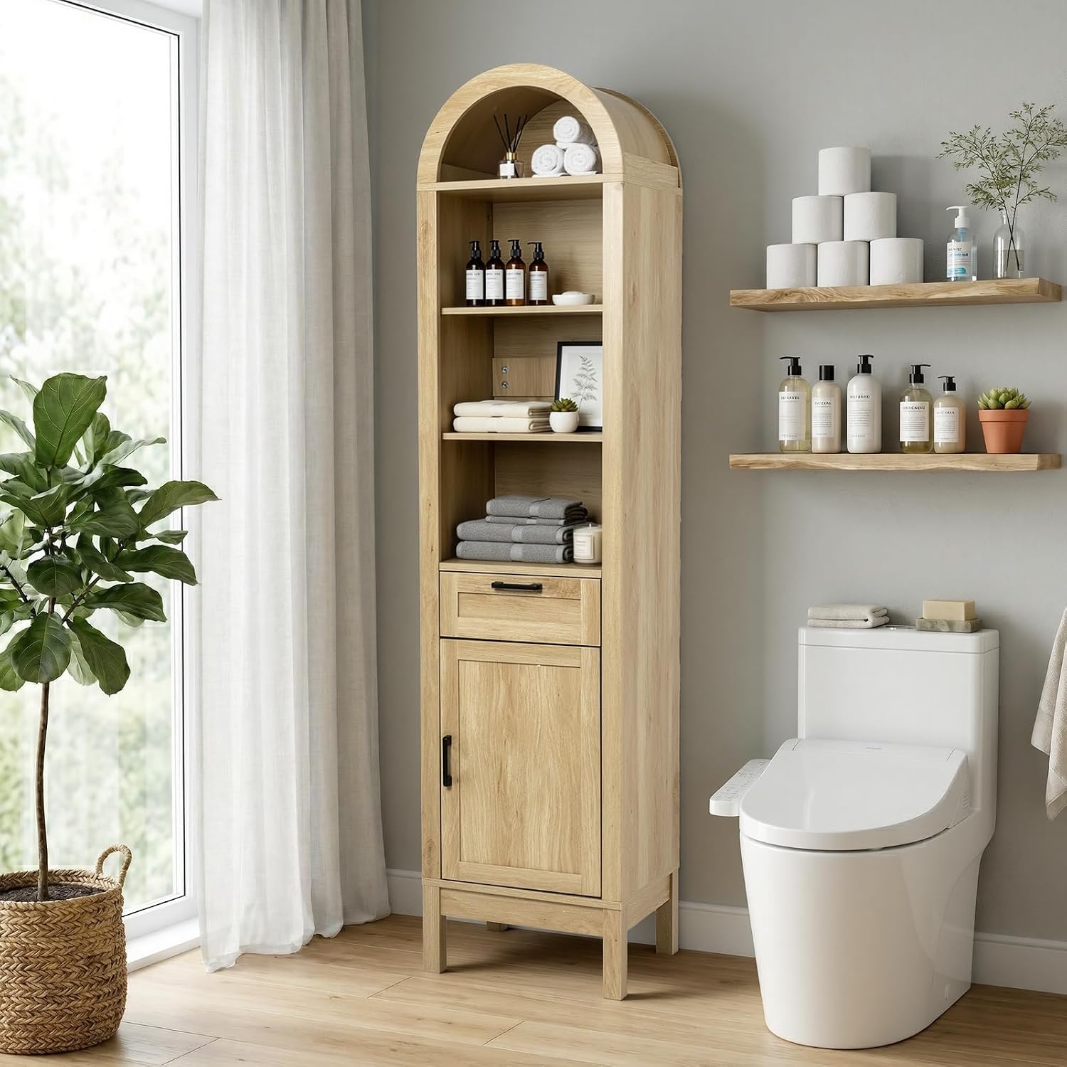 Narrow 71' Tall Wood Cabinet with Adjustable Shelves | Arched Storage Cabinet, 1 Door & 1 Drawer, Moisture-Resistant, Anti-Tipping, Sleek, Sturdy, Cam Lock, Space-Saving,