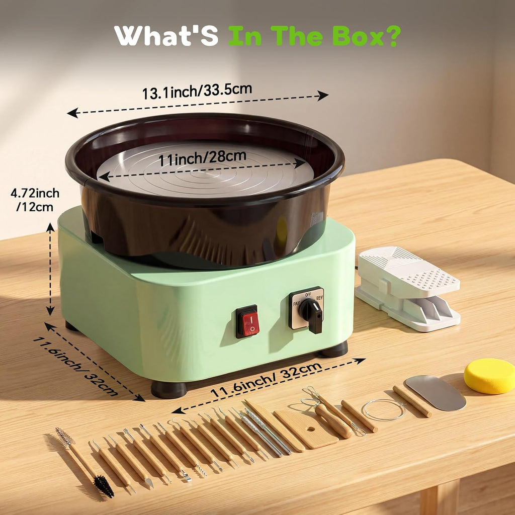 Alldeer 11-inch Pottery Wheel, 350W Electric Ceramic Forming Machine with Detachable Basin, 0-300RPM Foot Pedal Control, 19PCS Complete Clay Tool Kit for Professional Potters and Adult Crafters