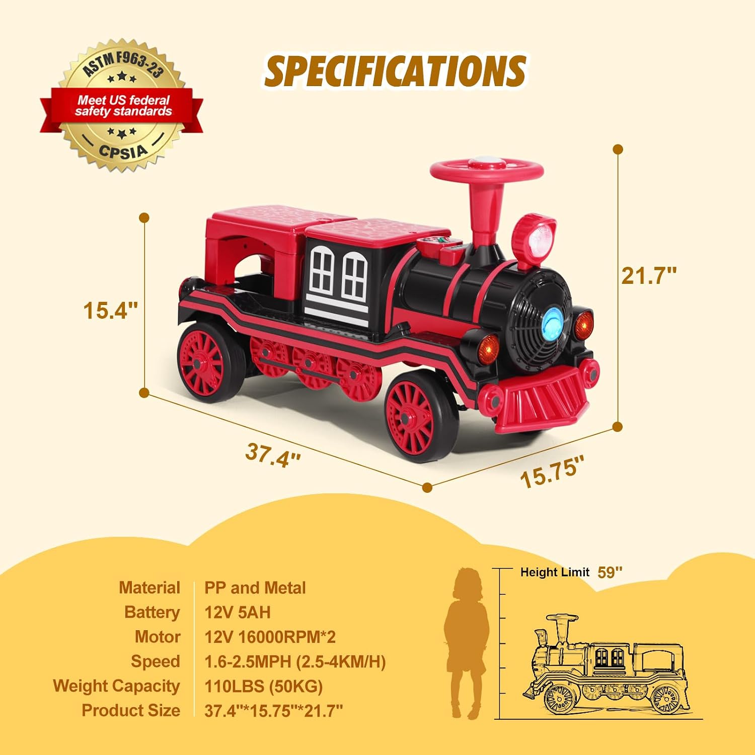 JOYLDIAS 2 Seater Ride On Train, 12V Kids Ride On Toy with Music, Train Honk, Lights, High/Low Speed and Storage, Electric Car for Kids Aged 3+, Red
