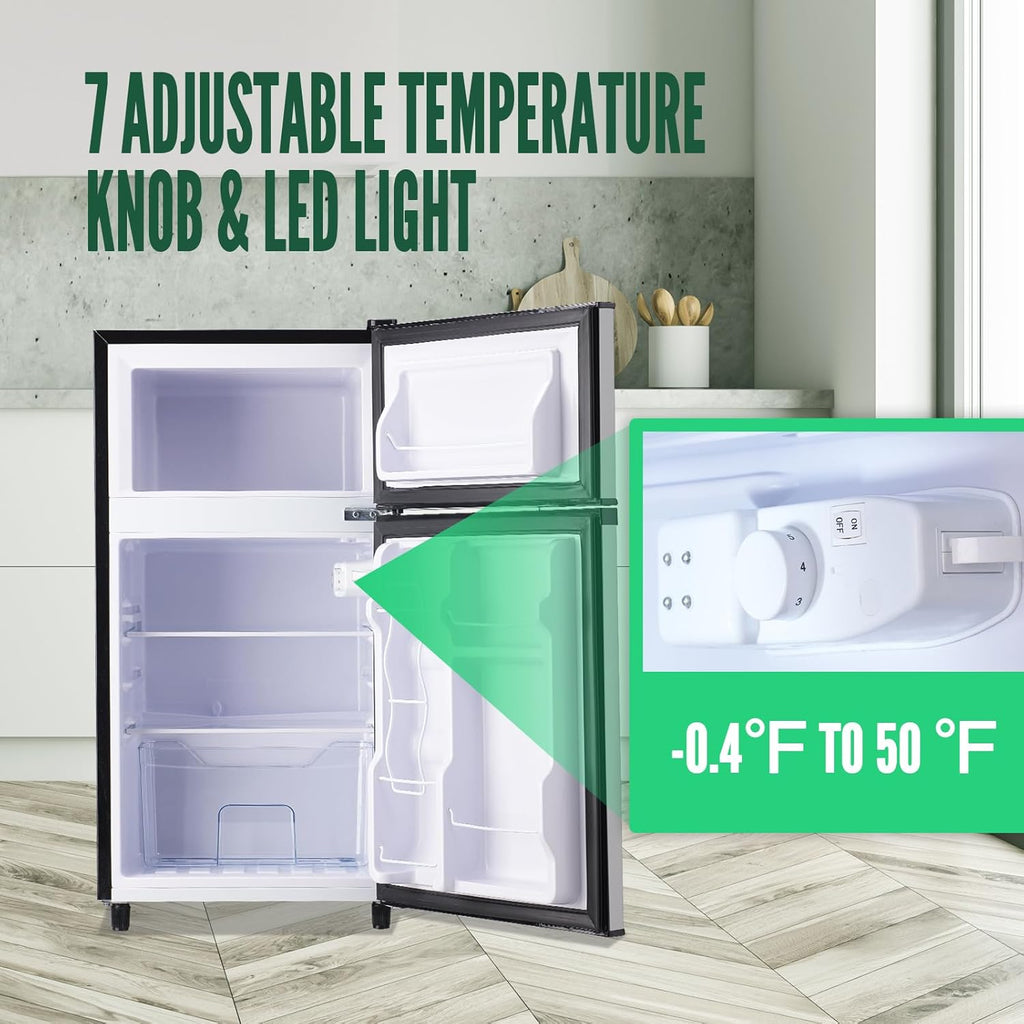 WANAI 2 Door Small Refrigerator with Freezer-on-top, Spacious Capacity Mini Fridge with 7-Level Adjustable Thermostat & 2 Removable Shelves Silver