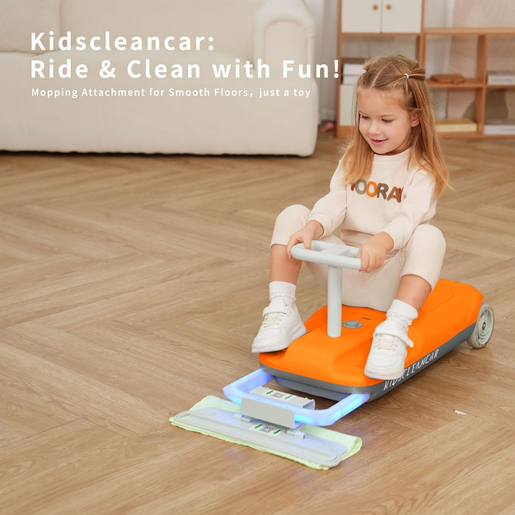 12V Ride-On Car with Cleaning Fun, 3 in 1 Gokart, Soft-Start, 5-Speed Adjustable, Detachable mop, Rechargeable Battery, 160lbs Capacity, Indoor & Outdoor for Kids Ages 3+ Orange