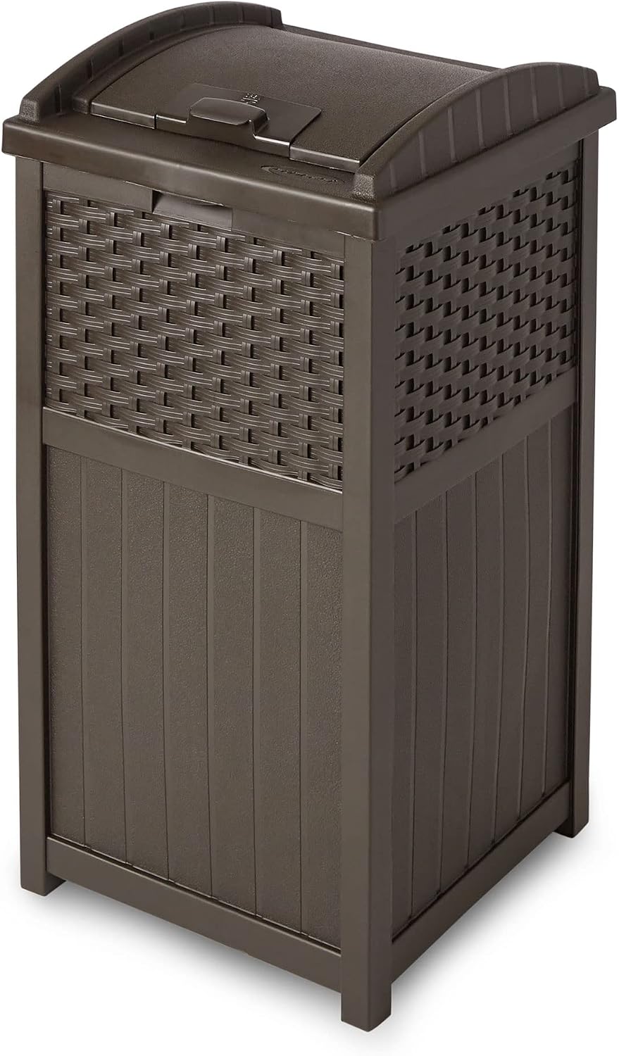 Greesum 100 Gallon Deck Box and Suncast 33 Gallon Outdoor Trash Can Storage Bundle for Patio Furniture, Garden Tools, and Pool Supplies