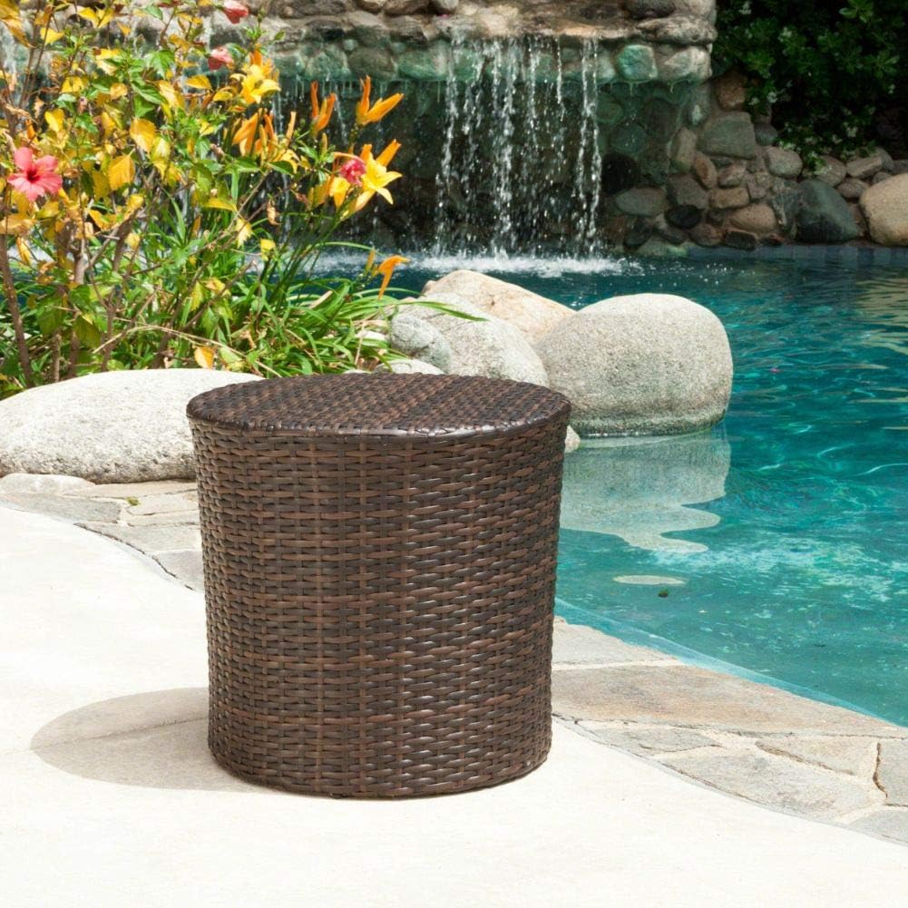 Christopher Knight Home Keaton Wicker Barrel Side Table, Multibrown & Suncast 33 Gallon Hideaway Can Resin Outdoor Trash with Lid Use in Backyard, Deck, or Patio, 33-Gallon, Brown
