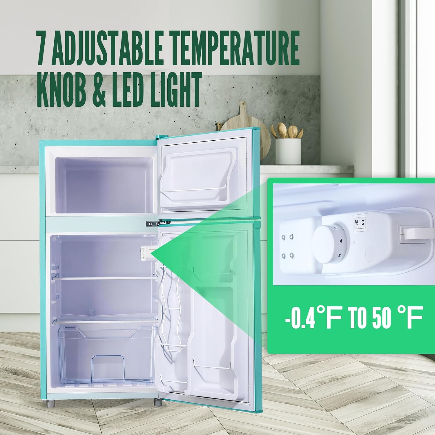 WANAI 2 Door Mini Refrigerator with Freezer-on-top, Spacious Capacity Fridge with 7-Level Adjustable Thermostat & 2 Removable Shelves Ideal for Kitchen Dorm Office Apt Blue