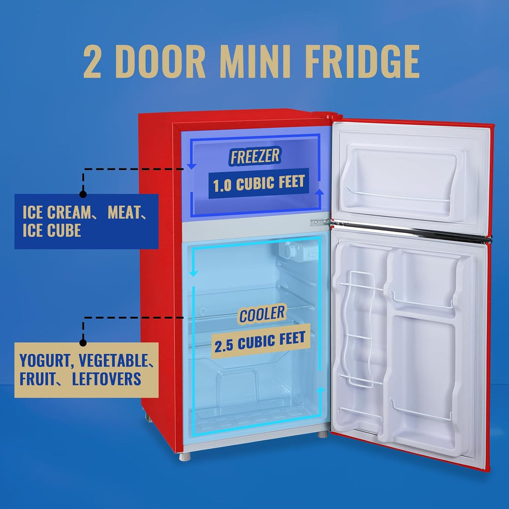 3.5 Cu.ft Refrigerator with Freezer Double Door Red Fridge Adjustable Glass Shelves, Plastic Crisper,7 Level Temperature Control Fridge for Dorm, Office, Apartment