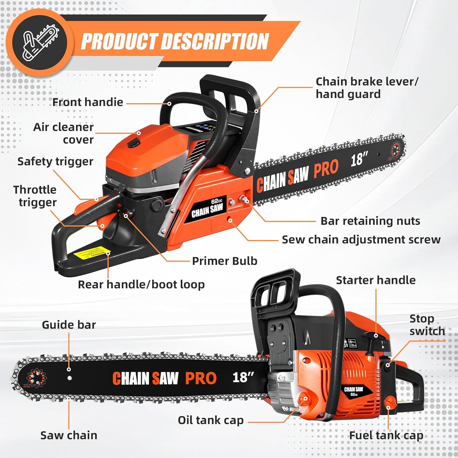 62CC Gas Chainsaw, Professional Chainsaw with 2-Stroke Engine, 18inch & 22inch Chain Saw Bar, Ergonomic Non-Slip Handle & Dual Fuel Tanks for Tree Wood Cutting