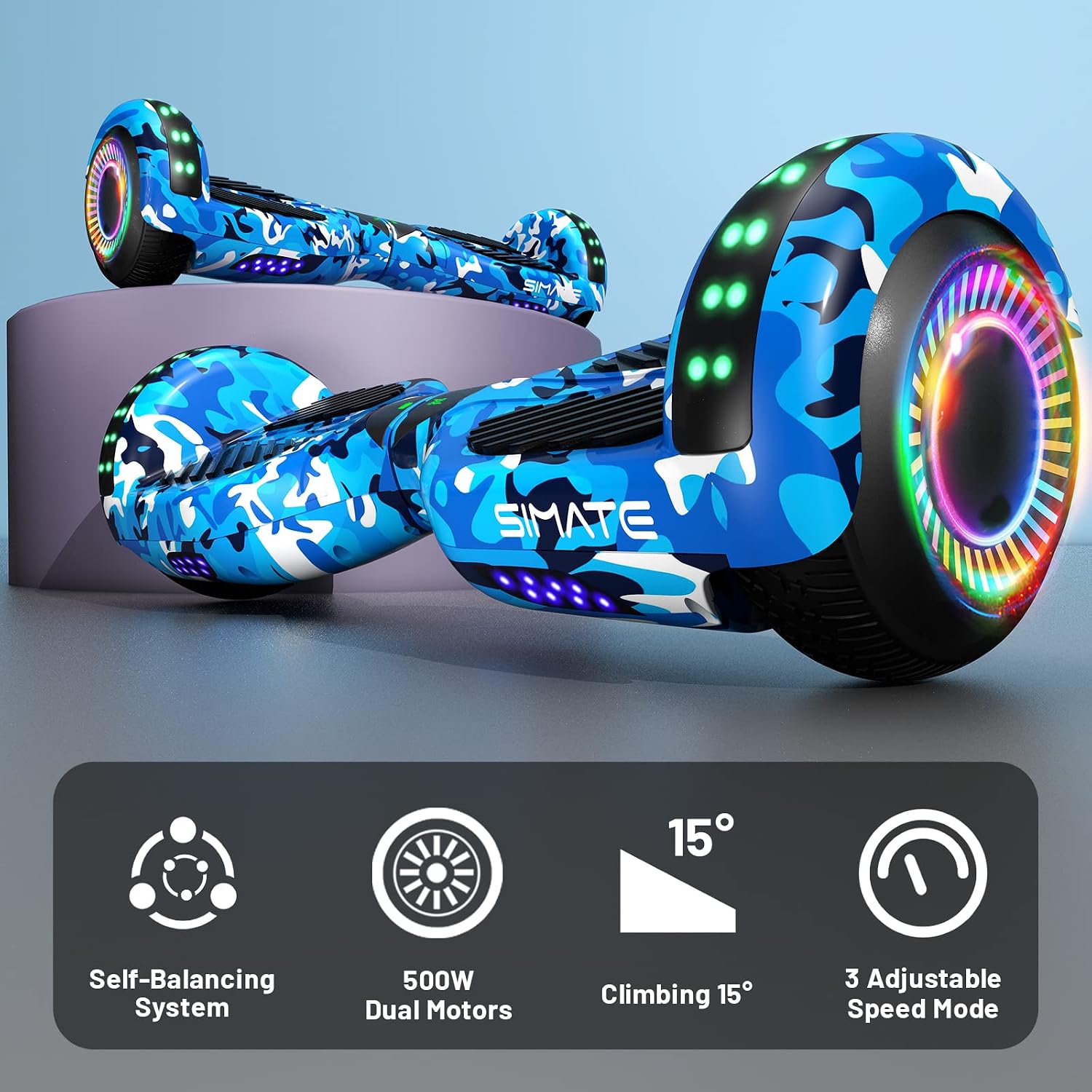 SIMATE Hoverboard, Bluetooth All Terrain Hover Boards with LED Lights and APP Control, Gifts for Kids Adults Girls Boys, for All Ages
