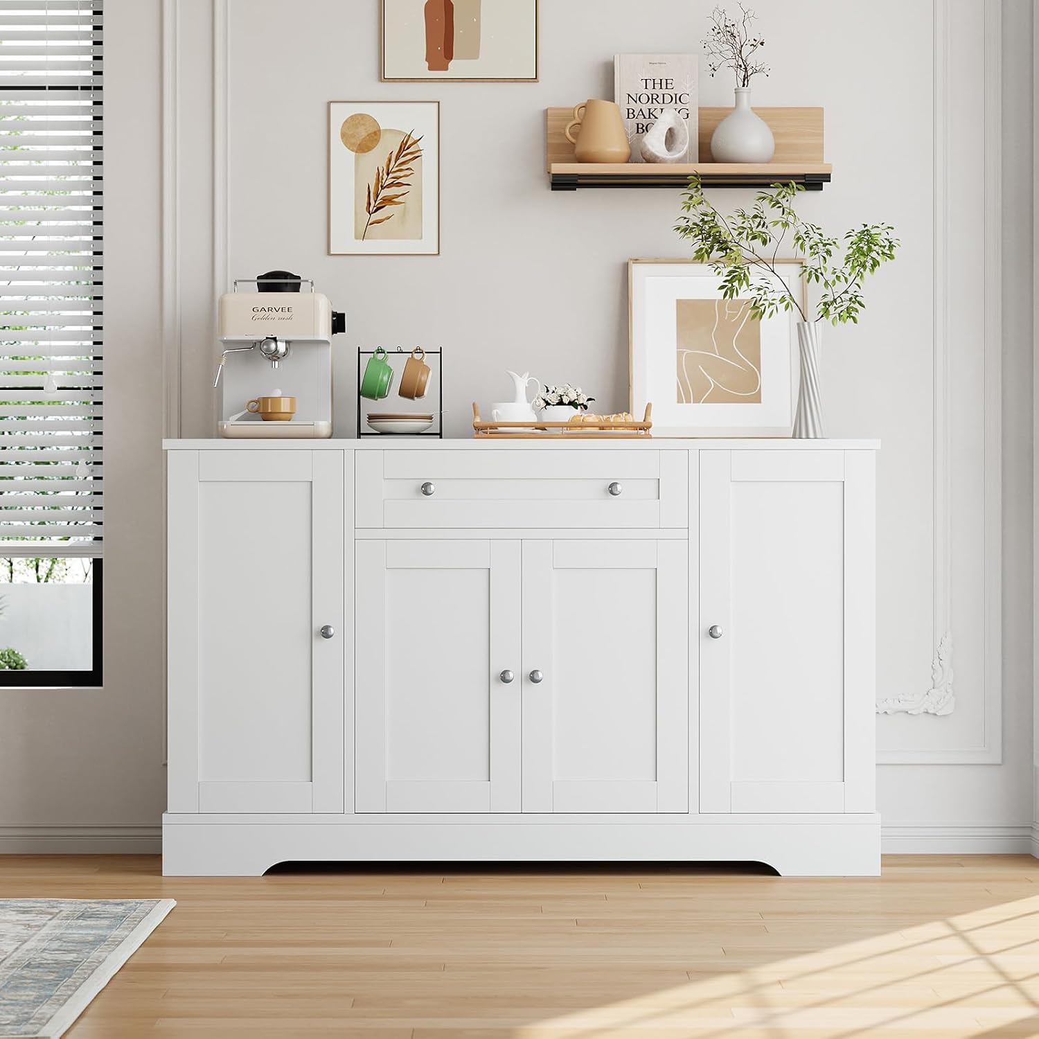 Modern Sideboard Buffet Cabinet with Storage, 55 in Wood Coffee Bar Cabinet with Drawer, Shelves & Door Shelves, Buffet Table Credenzas for Kitchen Dining Room Living Room, White