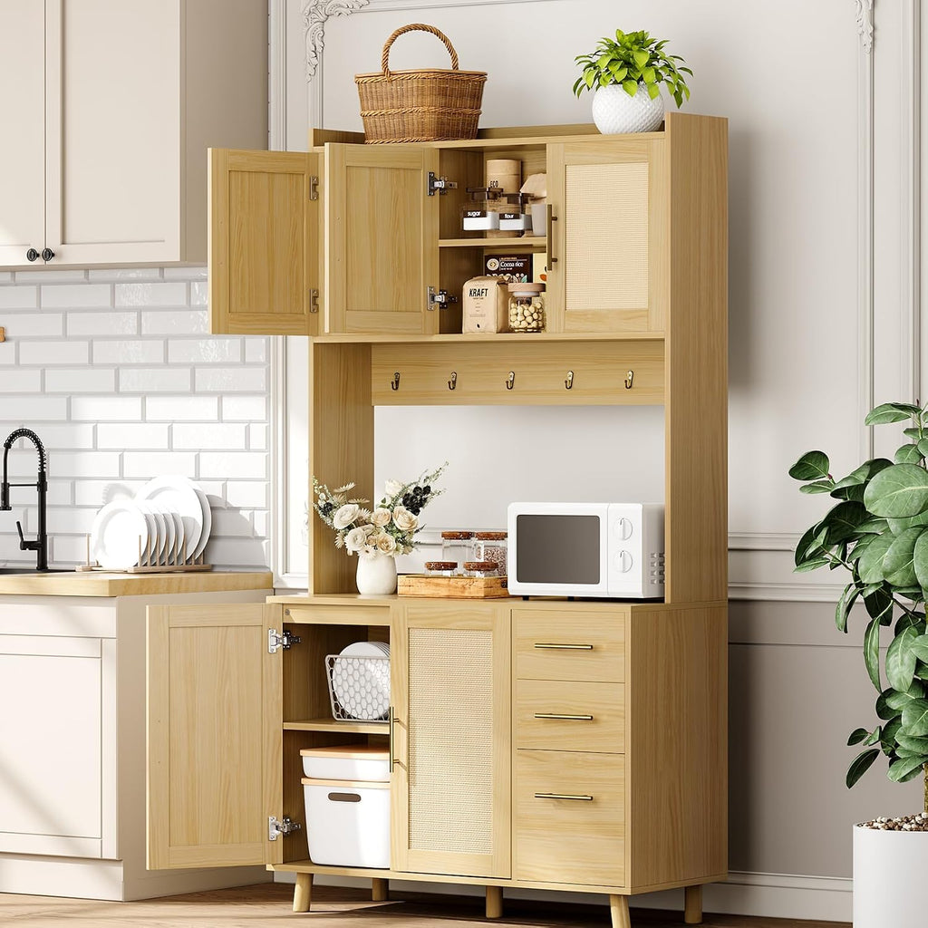 71' Tall Kitchen Pantry Cabinet with Storage, Freestanding Hutch Sideboard Buffet Cabinet with Rattan Door, 3 Drawers, 6 Hooks, Adjustable Shelves, Microwave Stand Countertop for Living Room