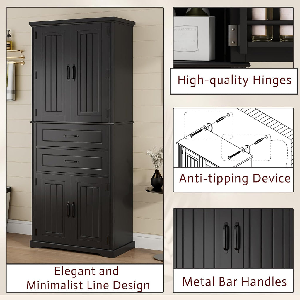 Storage Cabinet with 4 Doors and Drawers, 72.5' H Kitchen Cabinet with 6 Door Shelves, Kitchen Storage Cabinets with Adjustable Shelves for Living Room, Black