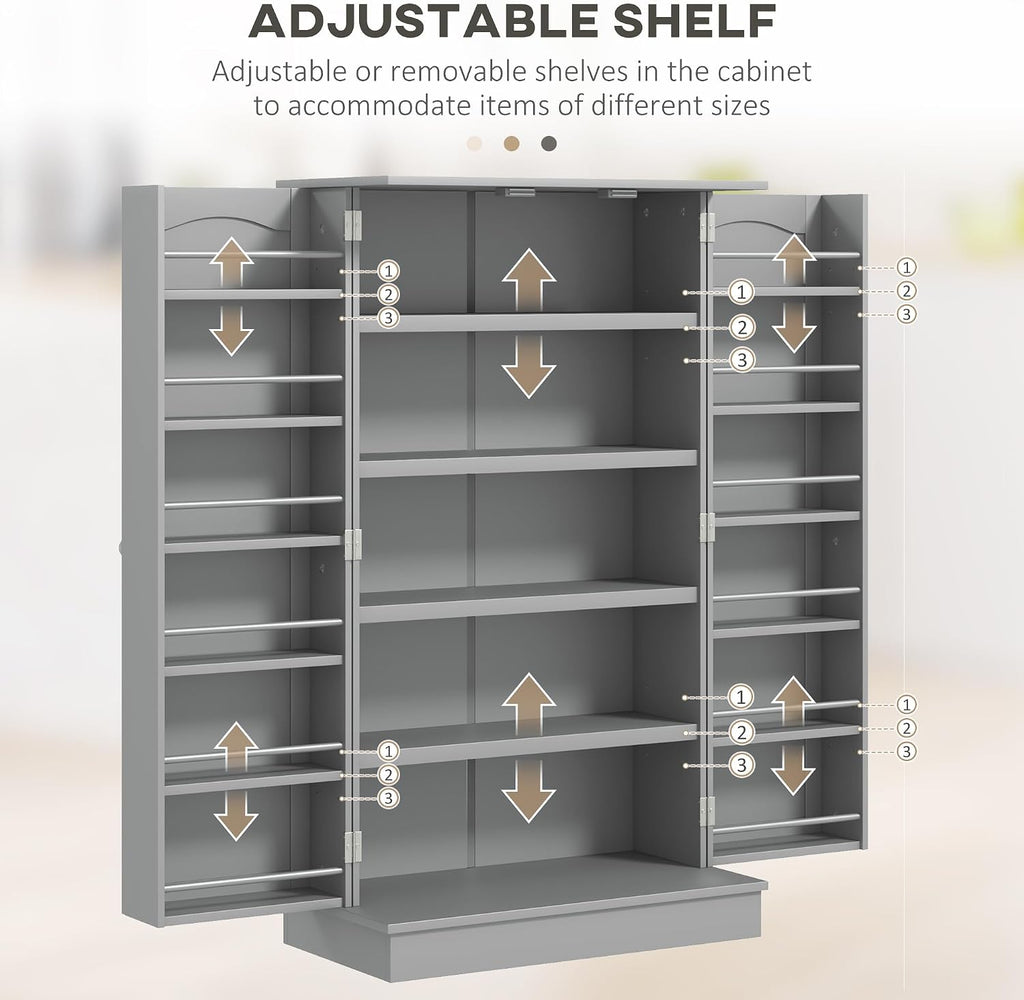HOMCOM 41' Kitchen Pantry Storage Cabinet, Freestanding Kitchen Cabinet with 12 Door Shelves, Double Doors, 5-Tier Shelving and Adjustable Shelves, Gray