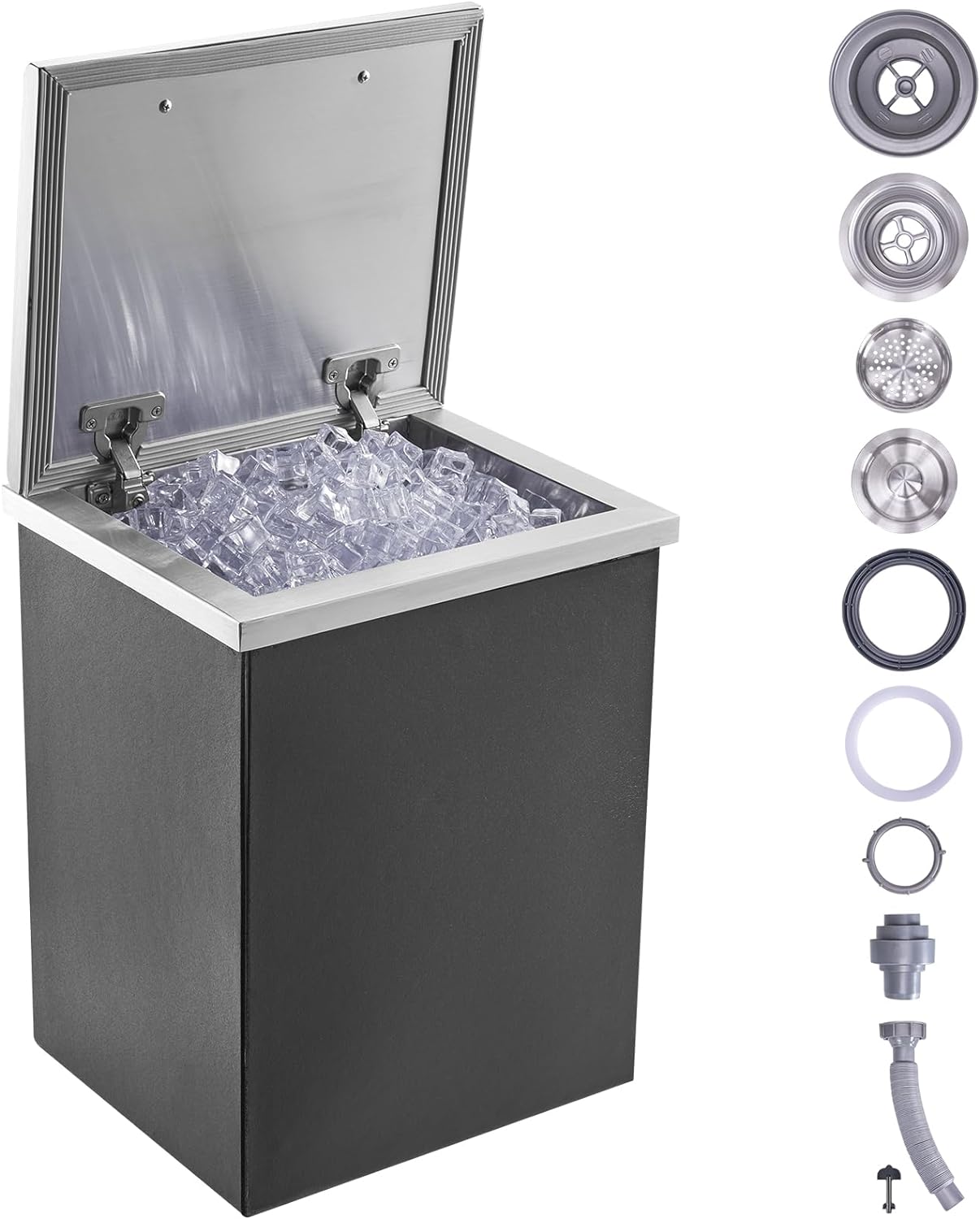 VEVOR Drop in Ice Chest, 14' L x 12' W x 18' H Stainless Steel Ice Cooler, Commercial Ice Bin with Hinged Cover, 40 qt Outdoor Kitchen Ice Bar, Drain-Pipe and Drain Plug Included, for Cold Wine Beer